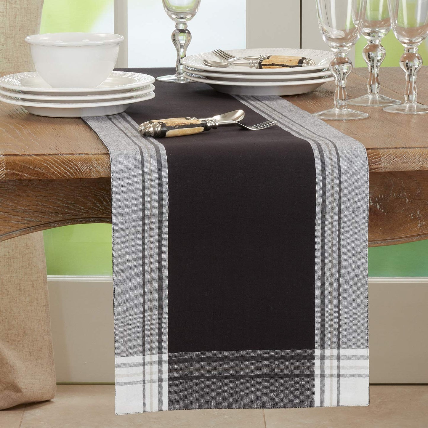 Fennco Styles Contemporary Stripe Border Design 100% Cotton Table Placemats 13" W x 19" L, Set of 4 - Black Table Mats for Dining Table Décor, Banquets, Holiday, Family Gathering, Special Occasion