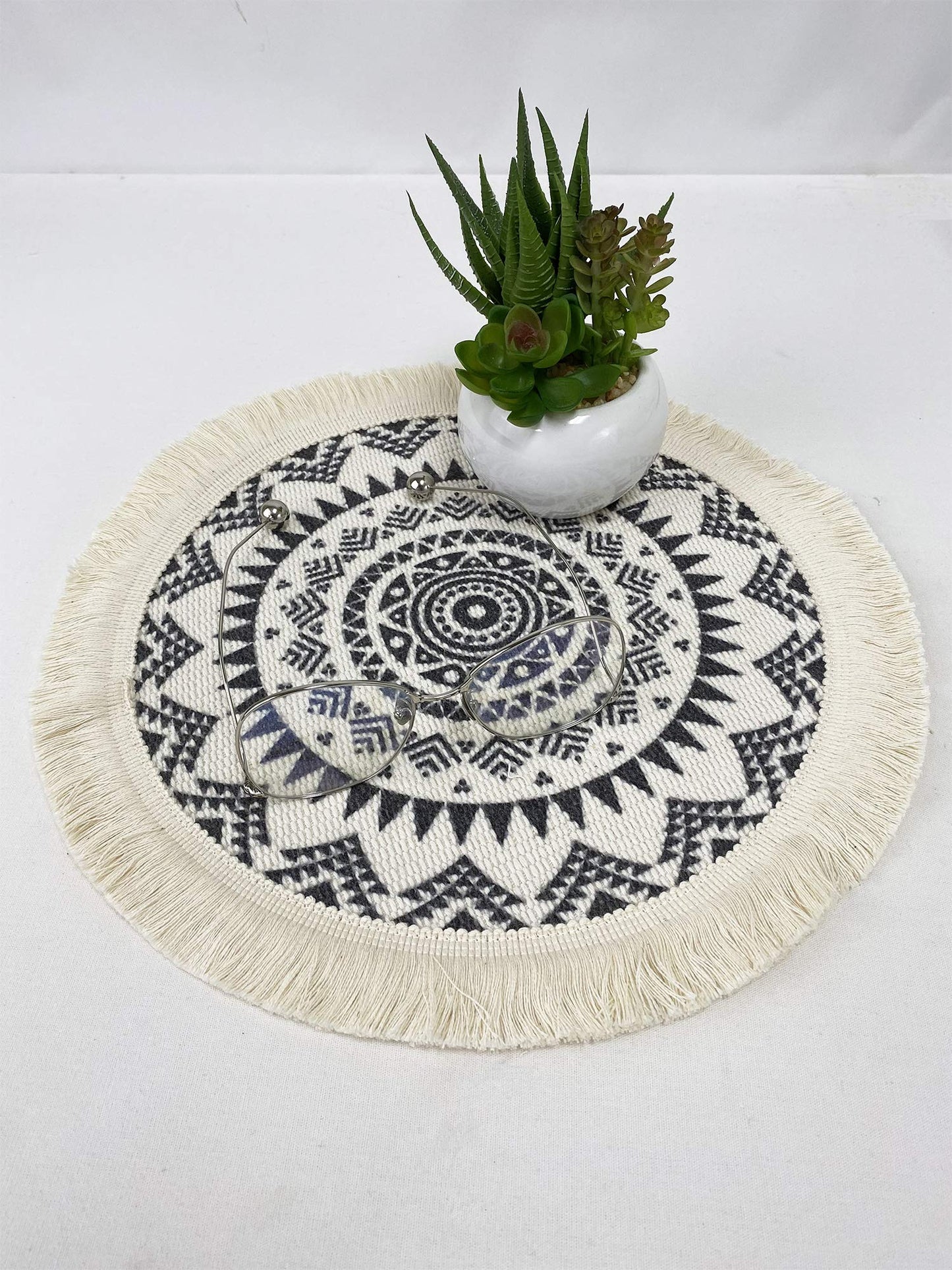 Fennco Styles Boho Mandala Fringe Decorative Cotton Placemats 13-inch Round, Set of 4 - Grey Heat Resistant Insulation Table Mats for Home Decor, Dining Table, Banquets and Special Events
