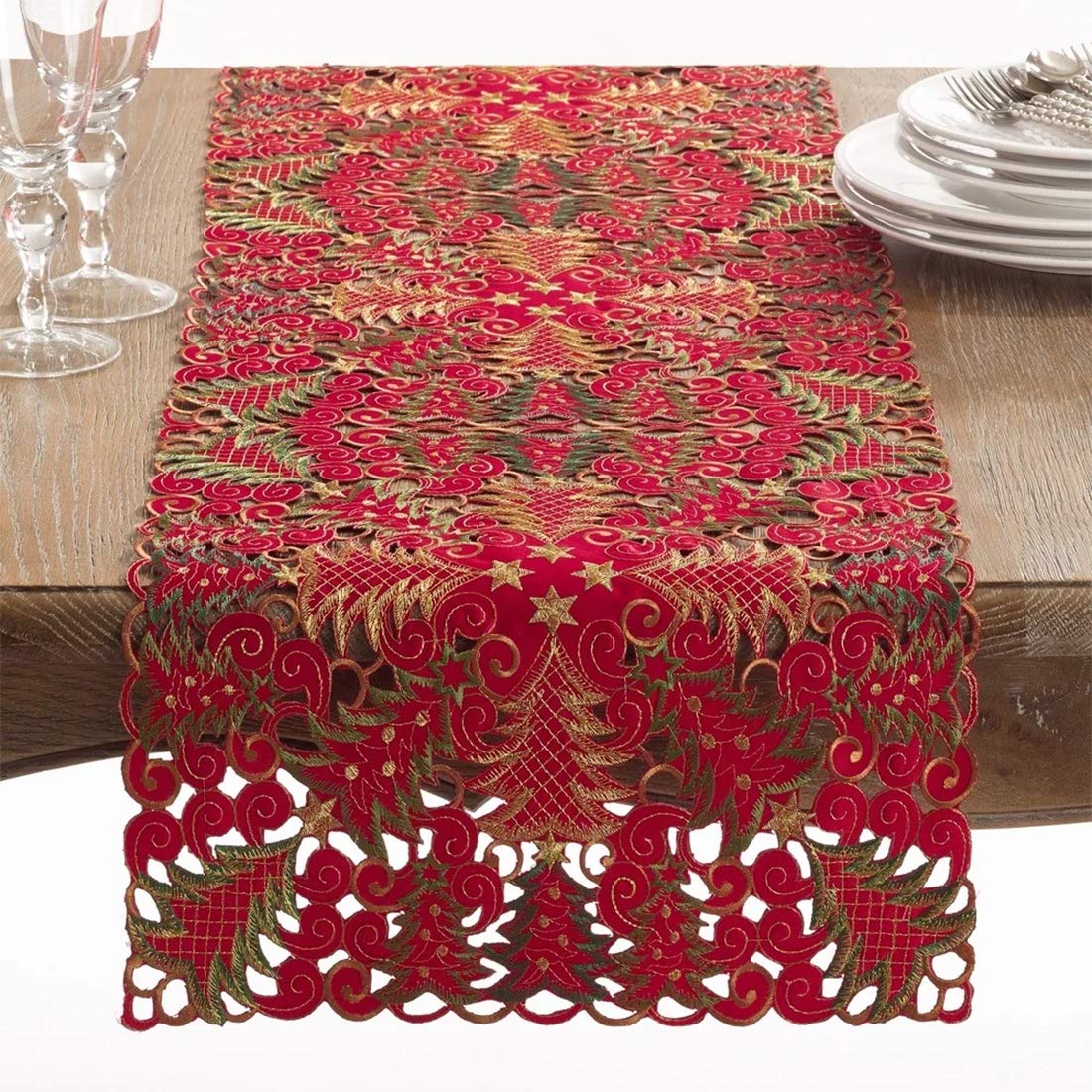 Fennco Styles Embroidered Christmas Tree Cutwork Tablecloths