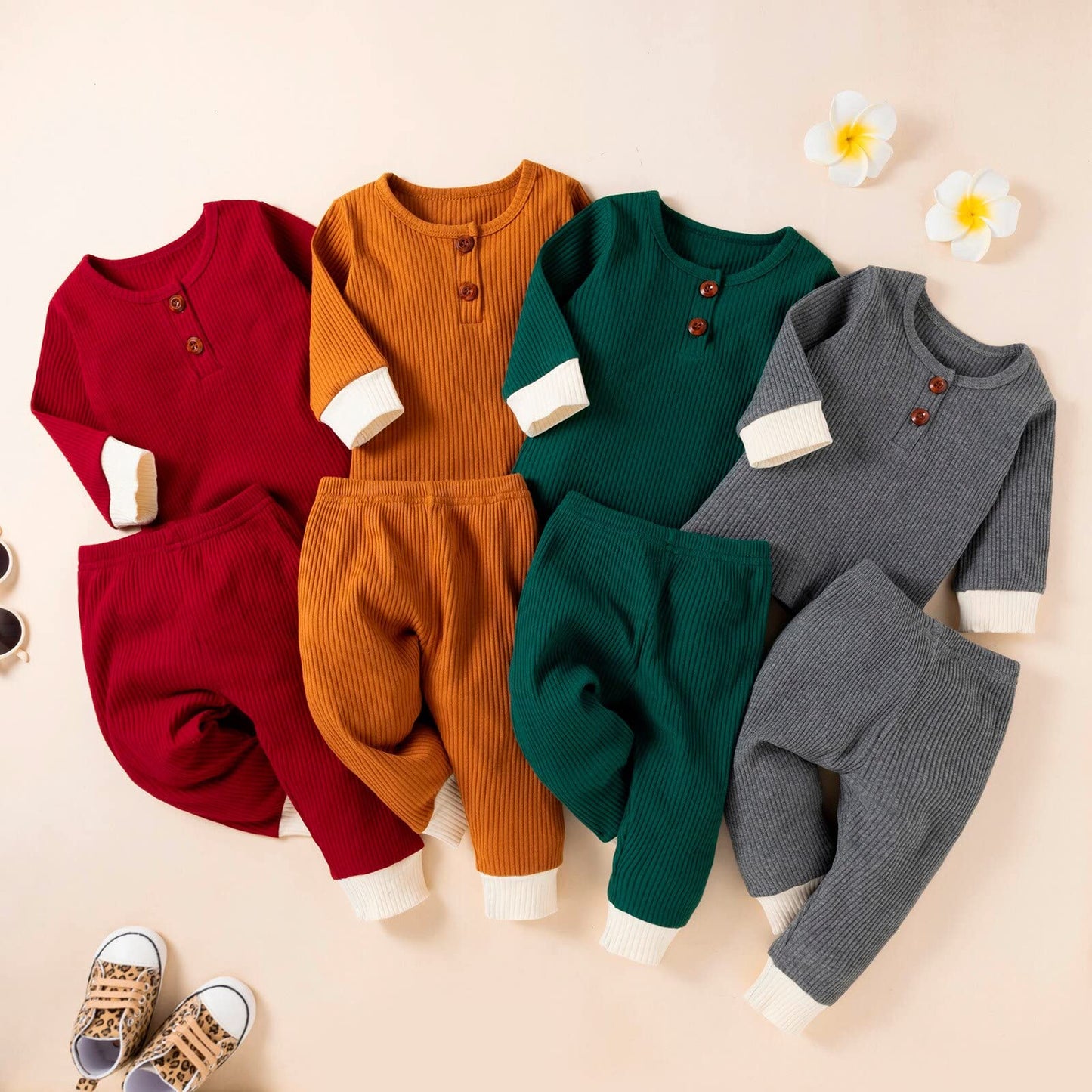 stylesilove Baby Boys Girls Solid Long Sleeve Henley Top & Pants 2pcs Set Unisex Toddler Ribbed Cotton Outfit