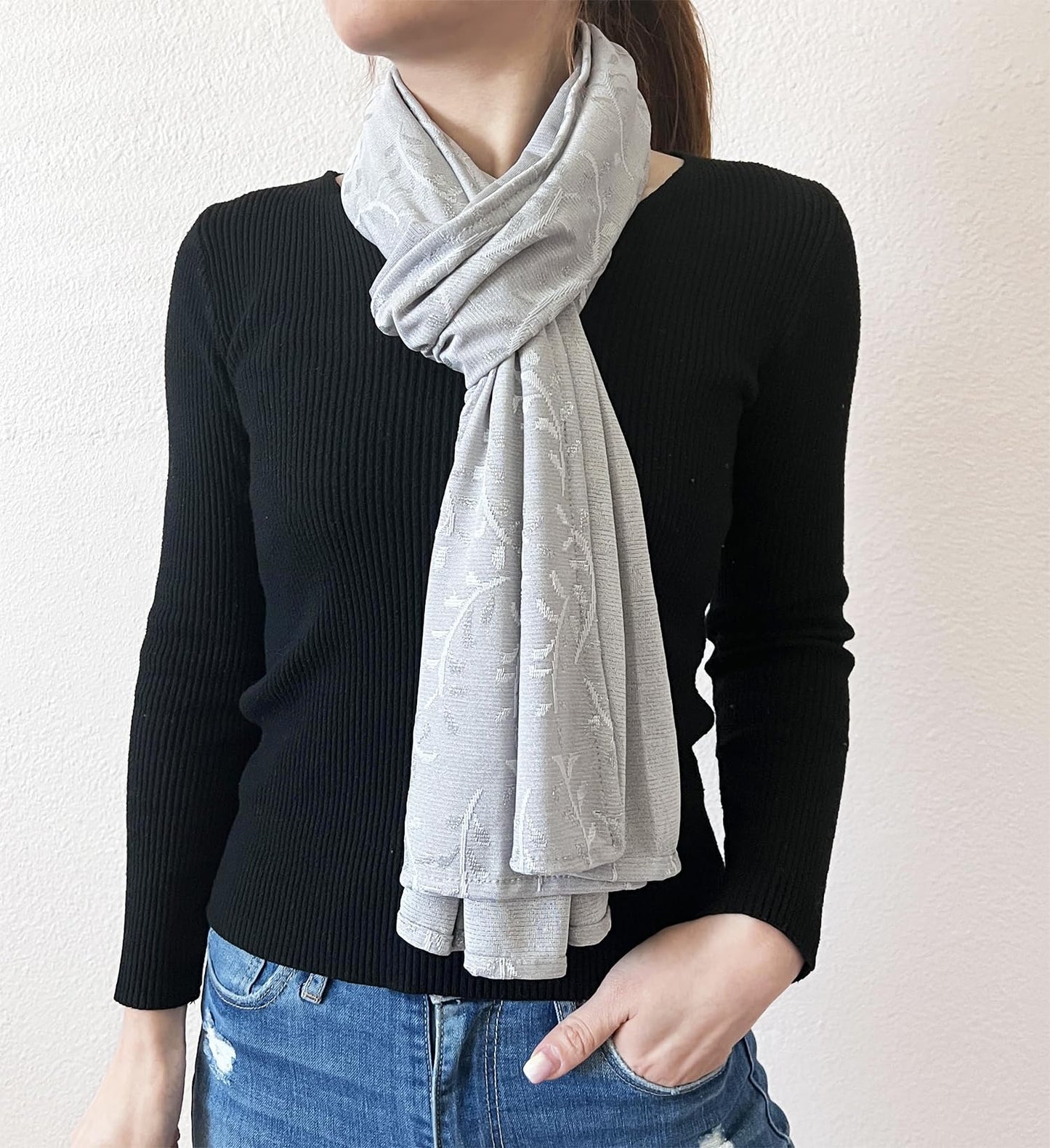 stylesilove Women Shimmering Jacquard Floral Scarf Silver Thread Flower Scarves Ultra Lightweight Soft Shawl Neck Wraps