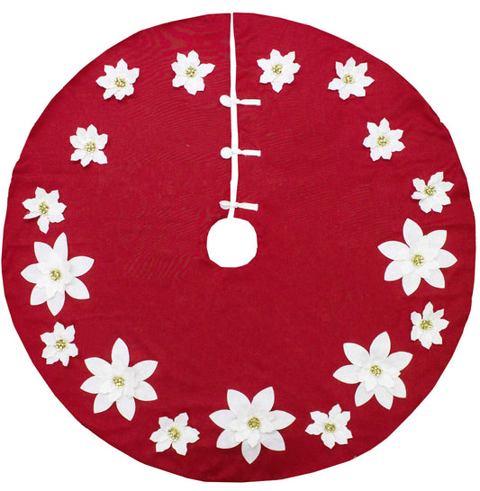 Fennco Styles Handmade Holiday Unique 3D Poinsettia Christmas Tree Skirt (Red+White 53" Tree Skirt)