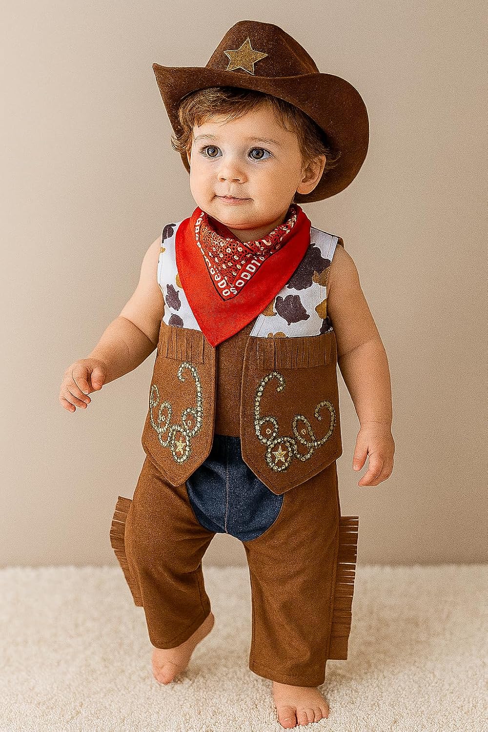 stylesilove Toddler Boy Cowboy 4pcs Outfit with Hat, Vest, Pants & Bandana Brown Clothing Set