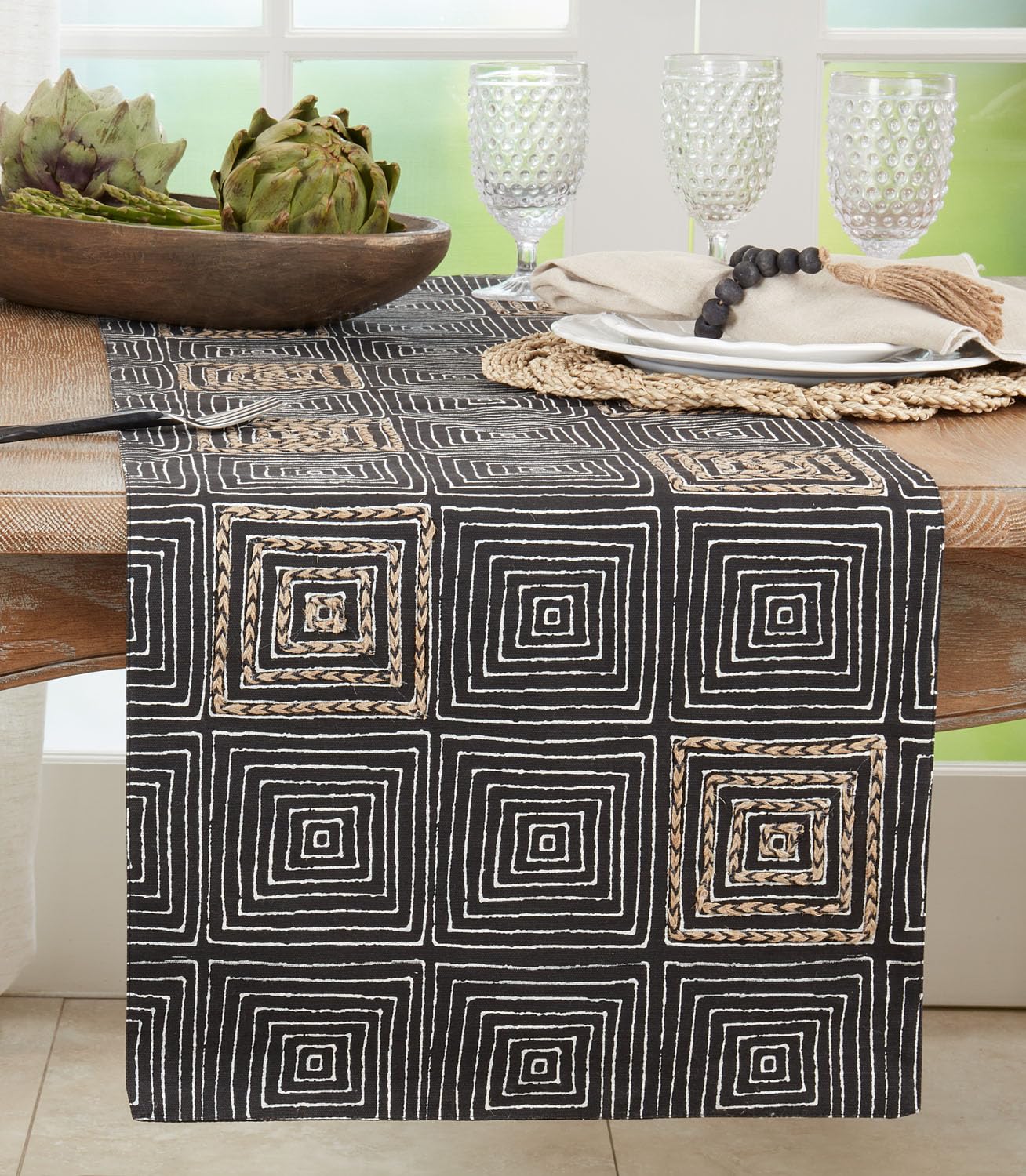 Fennco Styles Embroidered Maze Design Cotton Table Runner 16" W x 72" L - Black Textured Woven Table Cover for Everyday Use, Dining Room, Banquets, Family Gatherings, Holidays and Home Décor