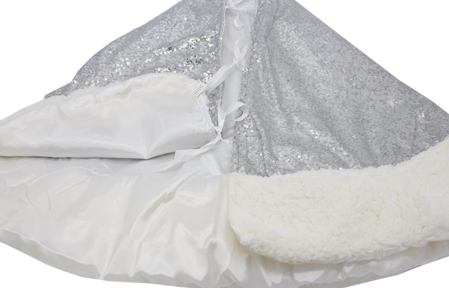Fennco Styles Unique Silver Sequin Sherpa Border Christmas Tree Skirt 56" Round