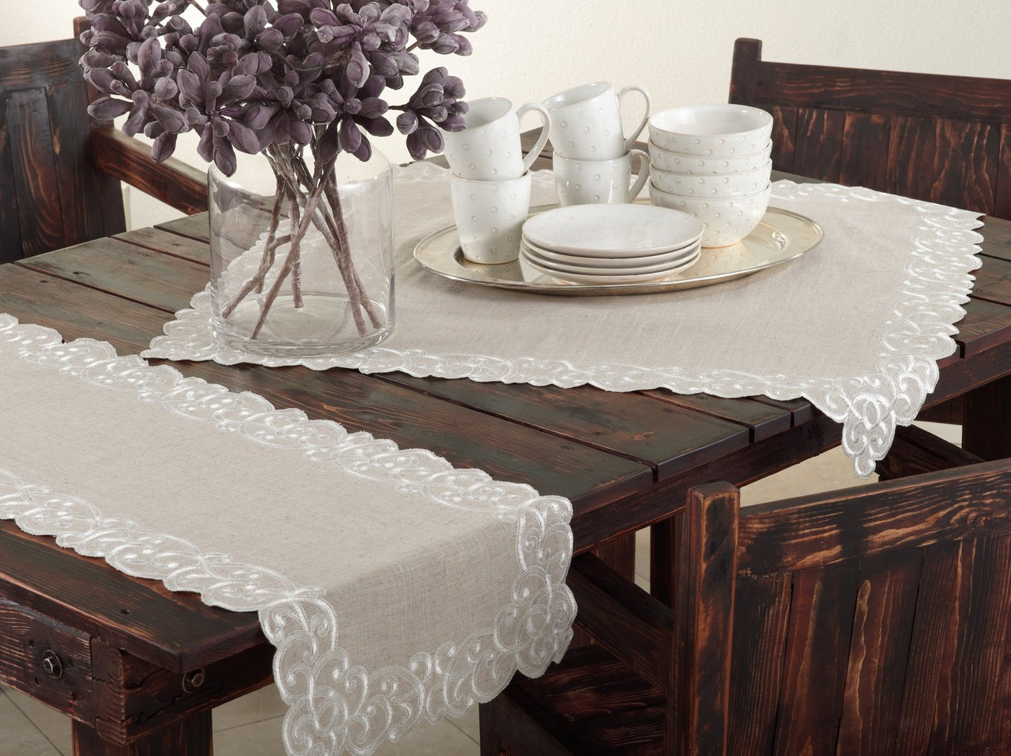 Fennco Styles Embroidered Scallop Design Natural Linen Blend Tablecloth