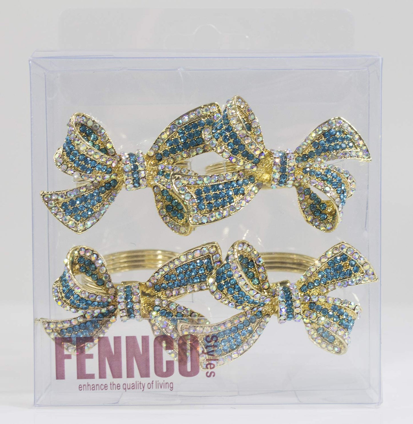 Fennco Styles Stunning Crystal Bowknot Gold-Plated Napkin Rings Wedding Holiday Table Decoration - Set of 4