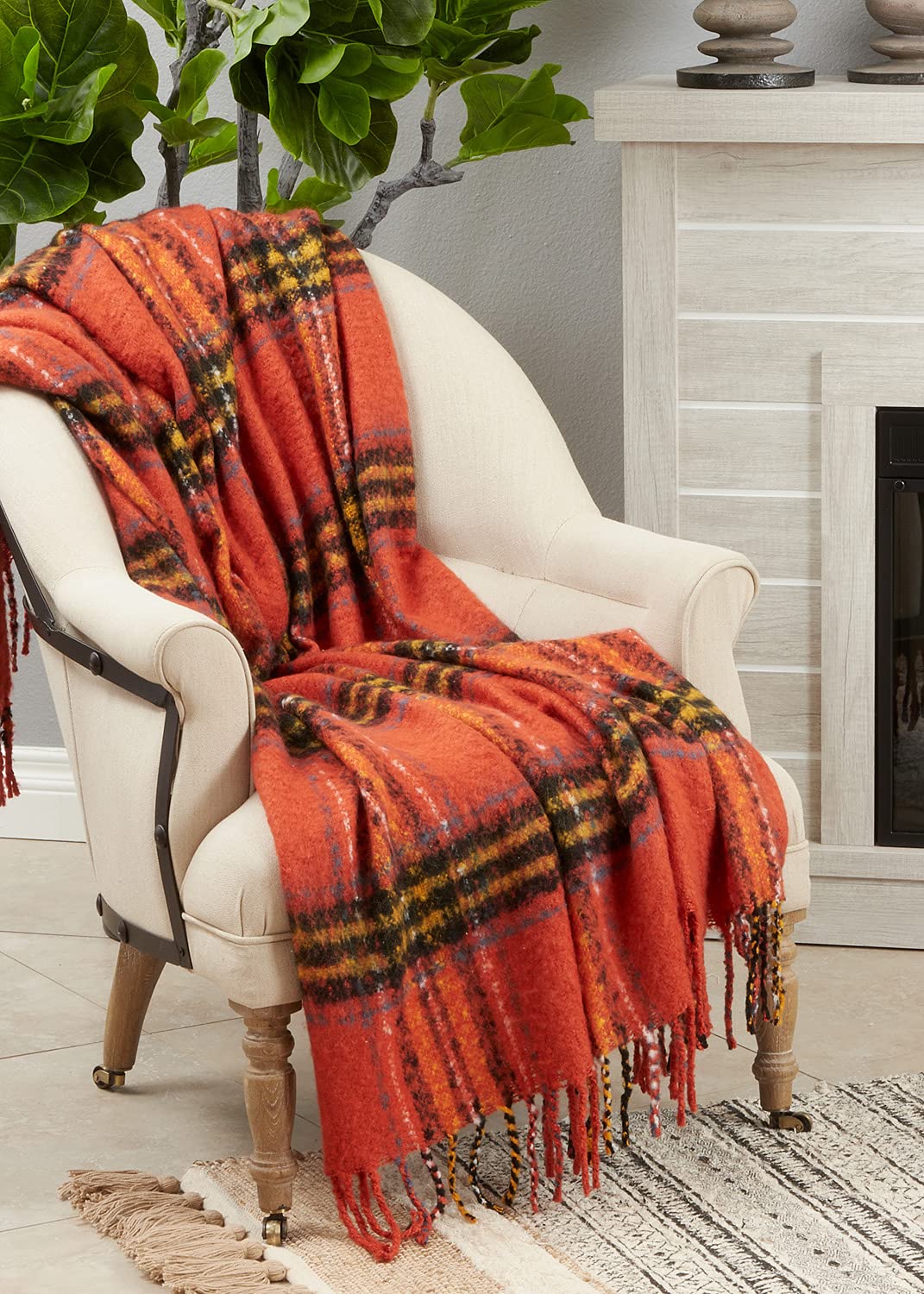 Fennco Styles Fall Plaid Modern Tassel Throw Blanket 50" W x 60" L - Orange Blanket for Bed, Couch, Sofa, Living Room and Holiday Décor