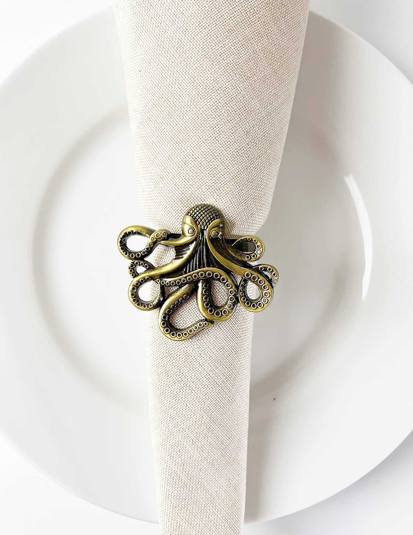 Fennco Styles Coastal Octopus Metal Napkin Rings, Set of 4 - Gold Nautical Napkin Holders for Home Décor, Dining Table, Banquets, Family Gathering and Special Occasions