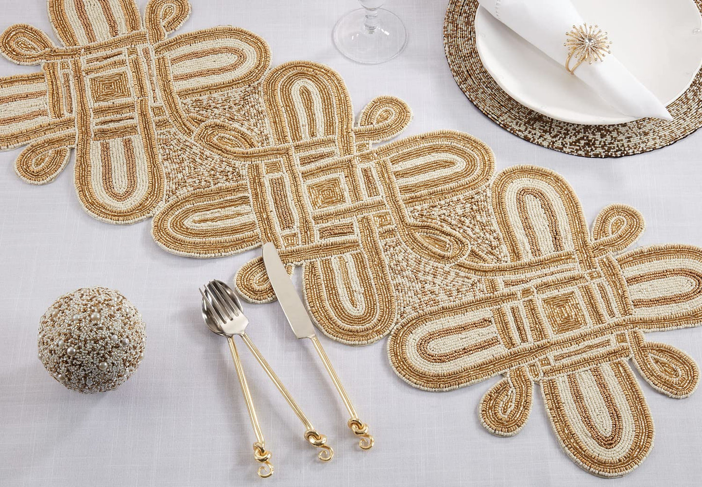 Fennco Styles Hand Beaded Scroll Knot Table Runner 13" W x 36" L - Gold Elegant Table Cover for Home Décor, Holidays, Family Gatherings, Banquets and Special Occasion