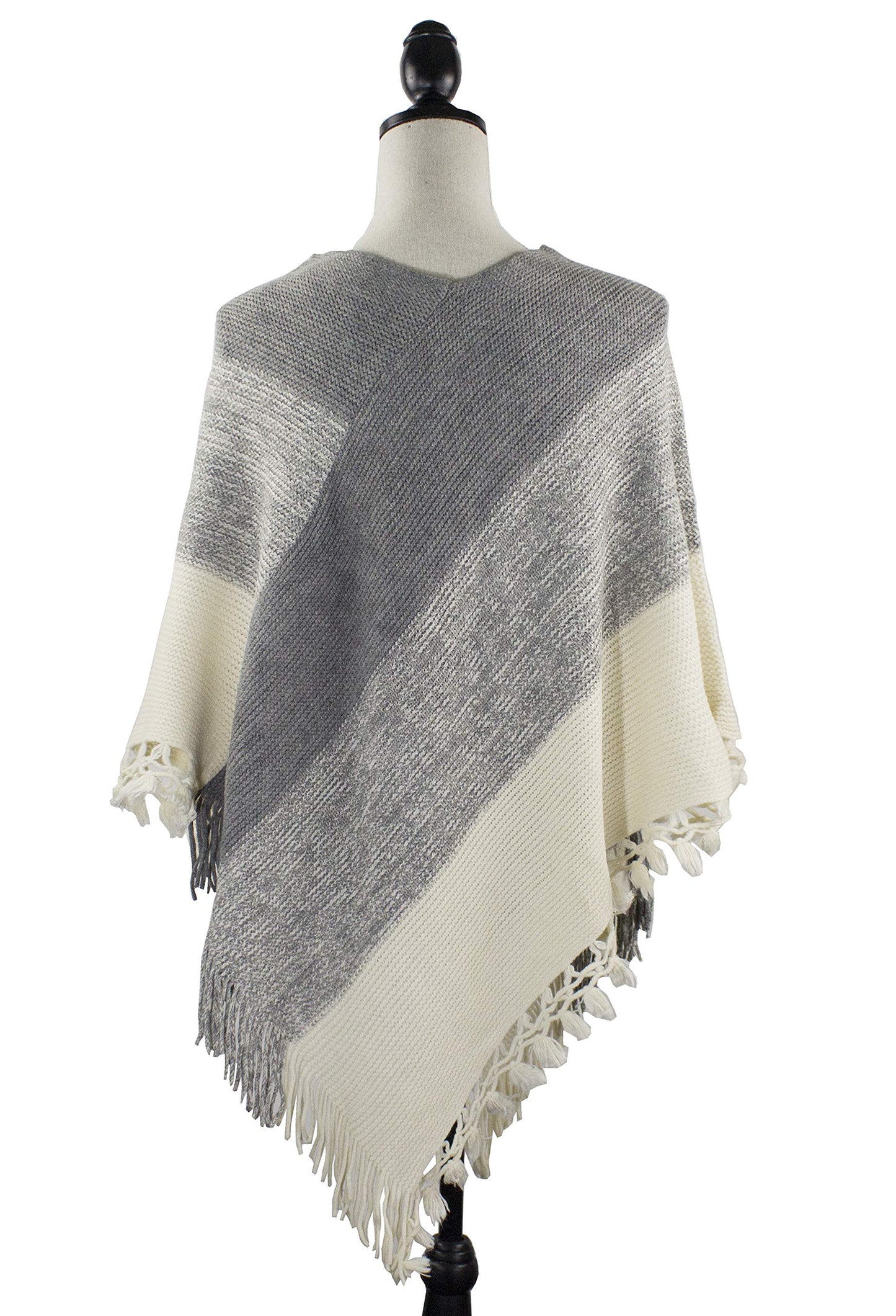 stylesilove Women Color Block Fringe Tassel Poncho Sweater Pullover Cardigan Wrap Topper for Warm Seasons