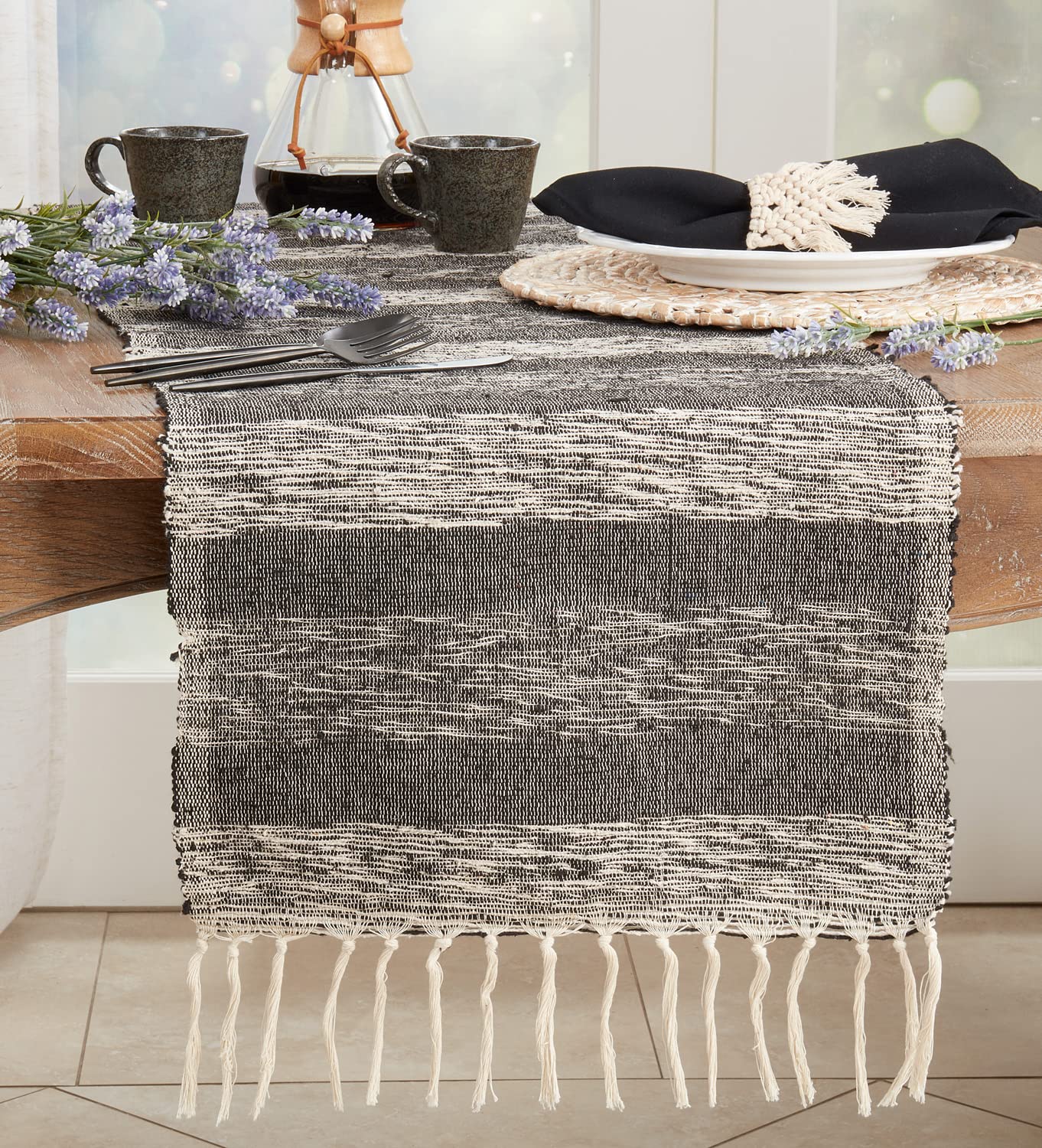 Fennco Styles Casual Striped Cotton Tassels Table Runner 16" W x 72" L - Black & White Woven Table Cover for Home Décor, Dining Table, Banquets, Family Gathering and Special Events