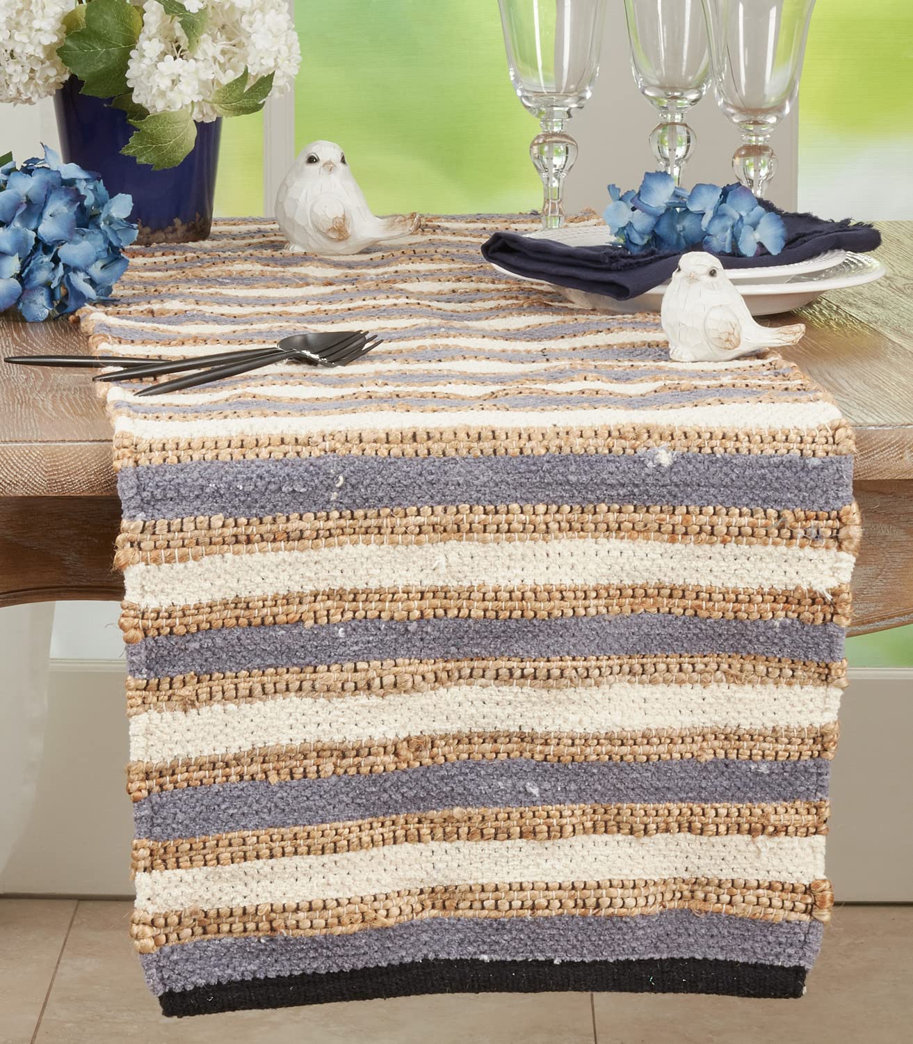 Fennco Styles Striped Chindi Cotton Jute Table Runner 16" W x 72" L - Blue Handwoven Table Cover for Home, Dining Room, Banquets, Family Gatherings and Special Occasions