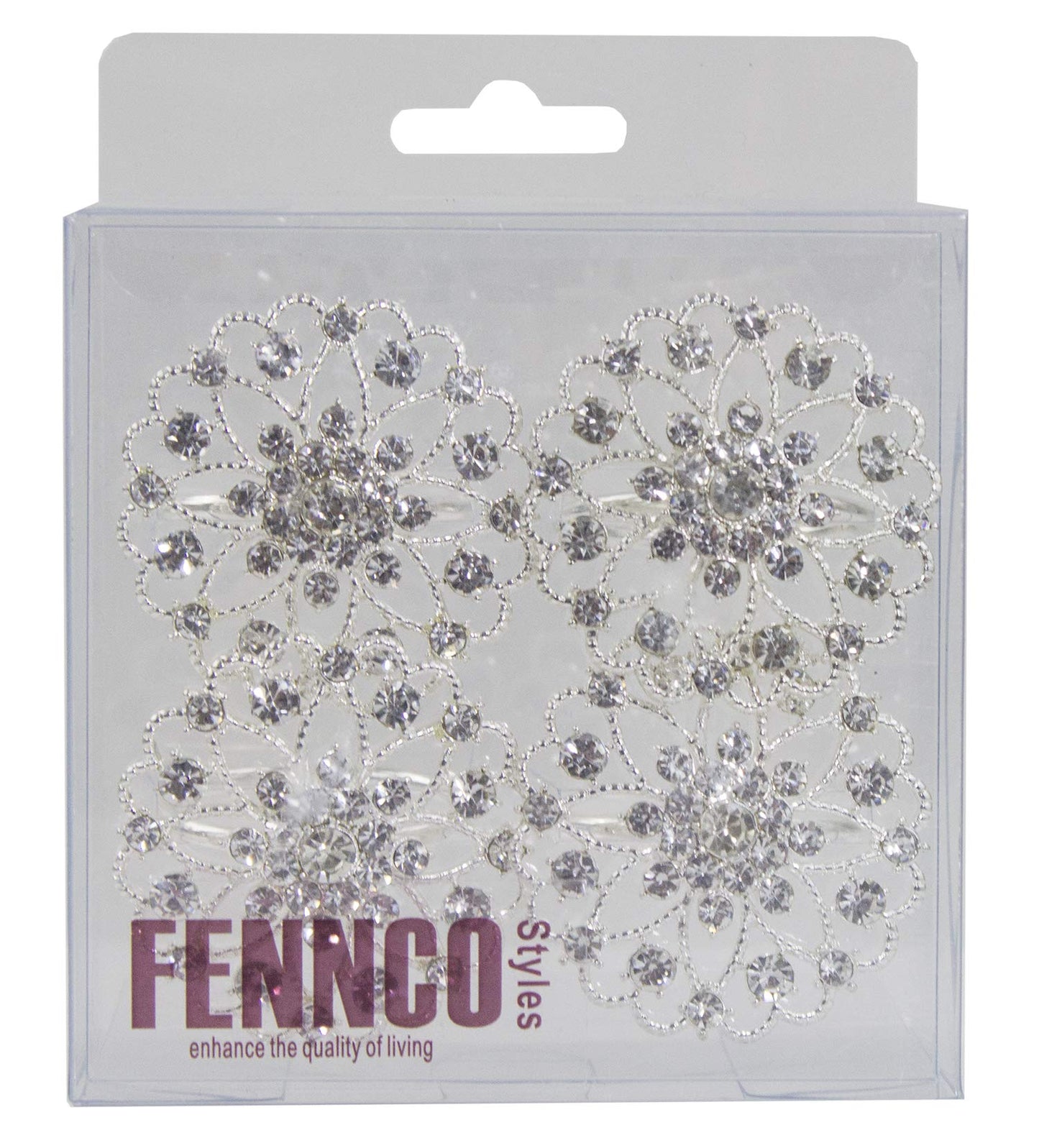 Fennco Styles Rhinestone Crystal Flower Napkin Rings Wedding Holiday Table Decoration - Set of 4