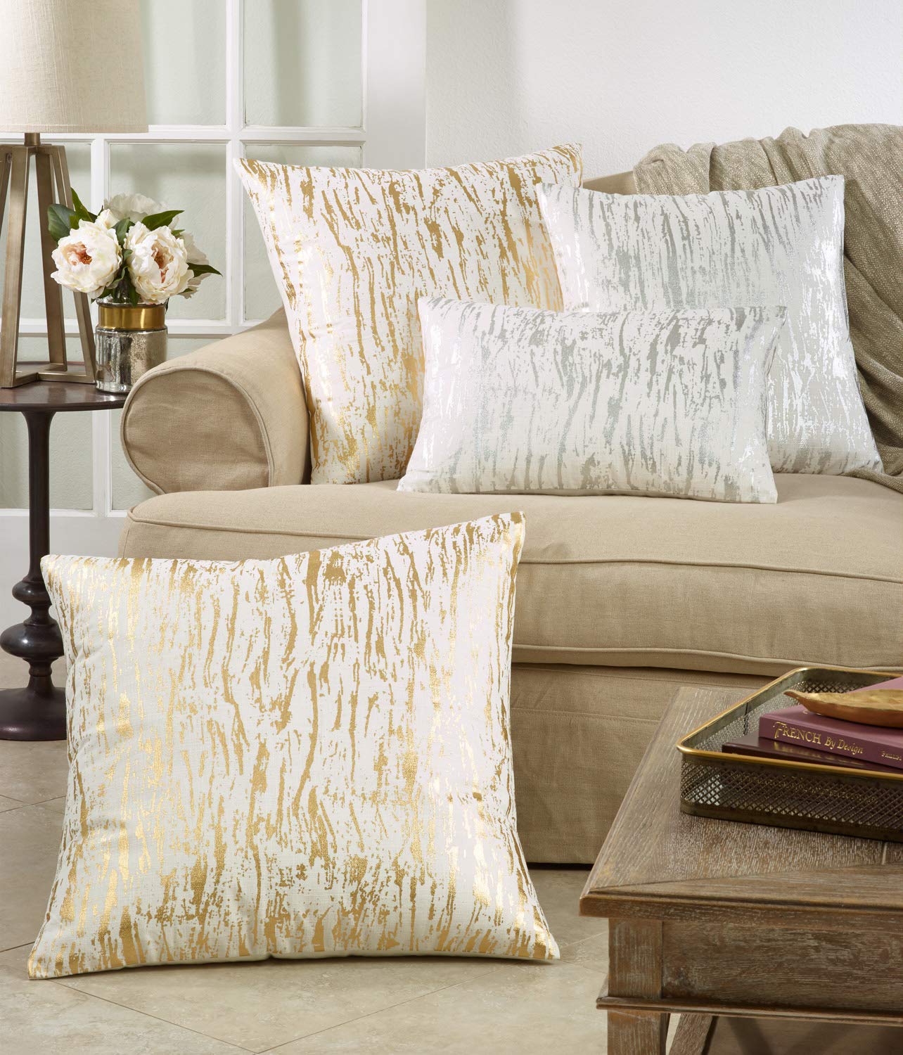 Fennco Styles Distressed Metallic Foil Design Cotton Throw Pillow - Gold Throw Pillow for Couch, Living Room and Bedroom Décor