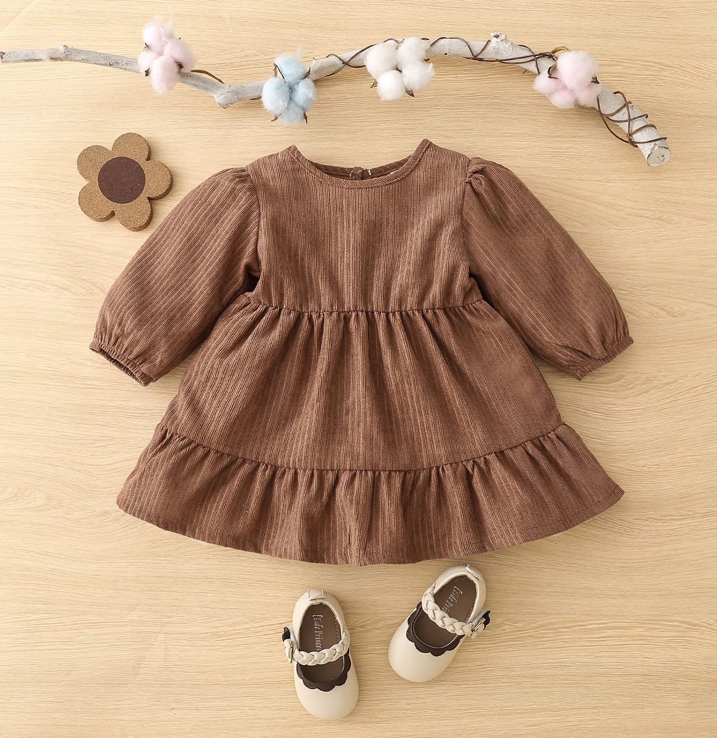 stylesilove Baby Toddler Girls Solid Ruffle Hem Long Puff Sleeve Corduroy Dress Princess Casual Spring Fall Outfit