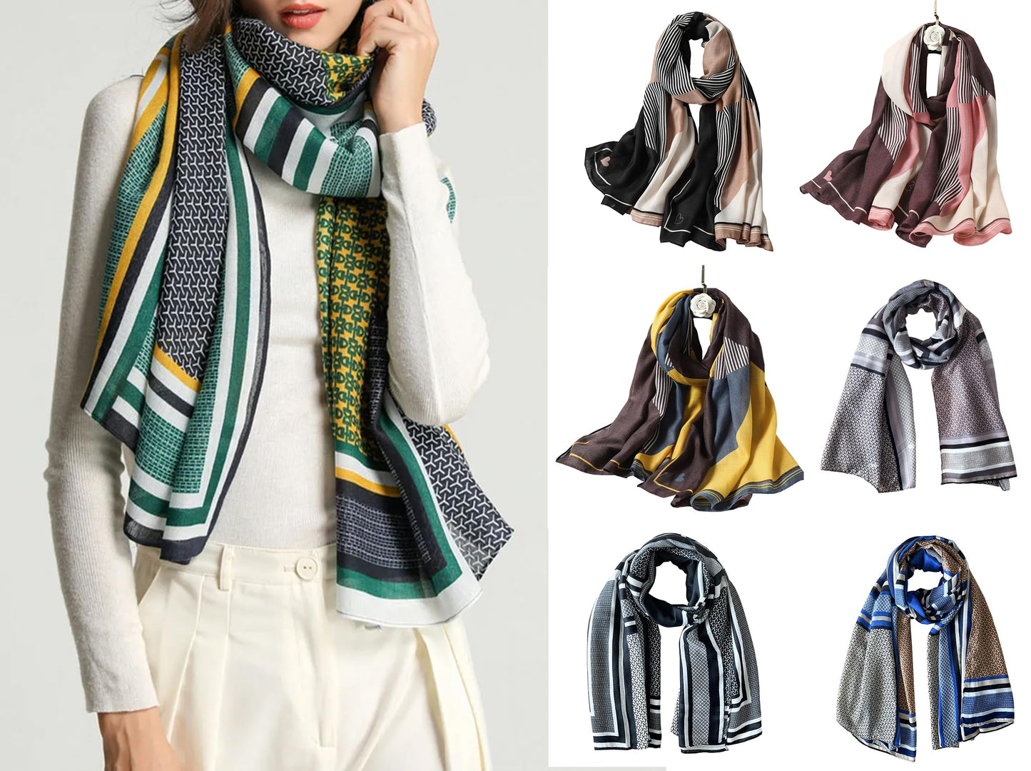 stylesilove Women Stripe Geometric Printed Lightweight Fashion Scarf Large Shawl Scarves Neck Wraps for All Season, 7 Colors
