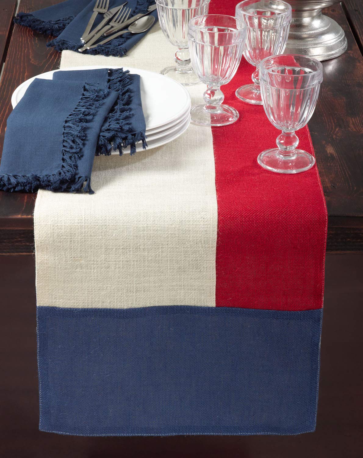 Fennco Styles American Flag Design Holiday Color Block Burlap Design Table Runner 16"x72"