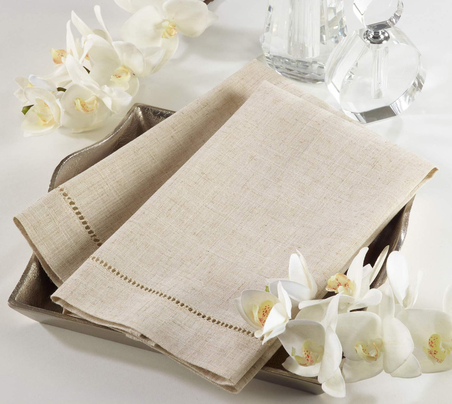 Fennco Styles Hemstitch Design Linen-Poly Guest Towels 14x22 Inch, Set of 4 – Natural Modern Hand Towels for Bathroom Decor, Bar Accessories, Wedding Gifts