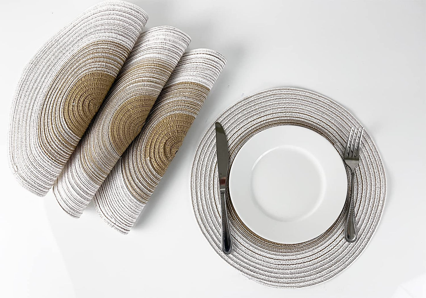 Fennco Styles Handmade Gradient Textured Ramie Placemats 14" Round, Set of 4 – Braided Table Mats Heat Resistant Insulation for Home Décor, Dining Table, Everyday Use, Banquets, Special Events