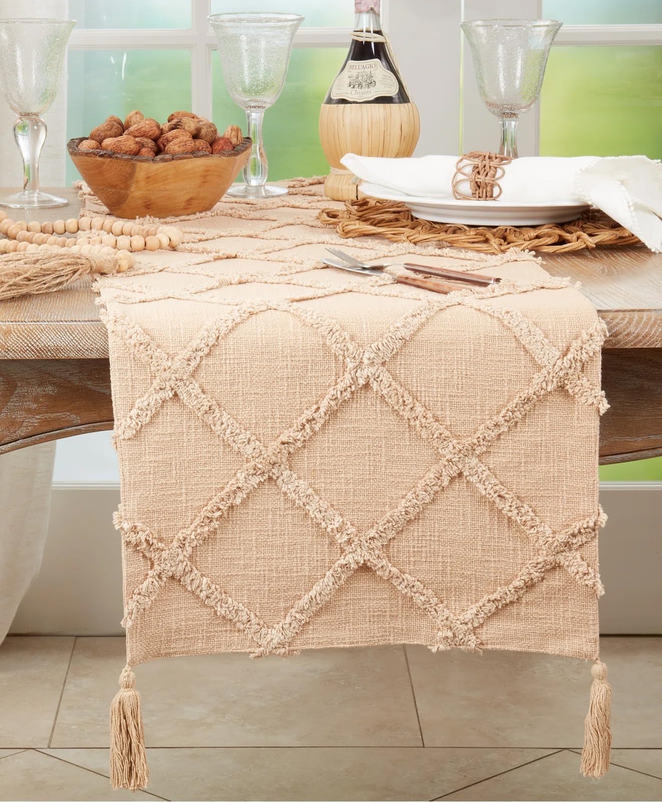 Fennco Styles Modern Diamond Tufted Cotton Table Runner 16" W x 72" L - Grey Geometric Rectangular Table Cover for Boho Décor, Dining Table, Banquets, Family Gathering and Special Events