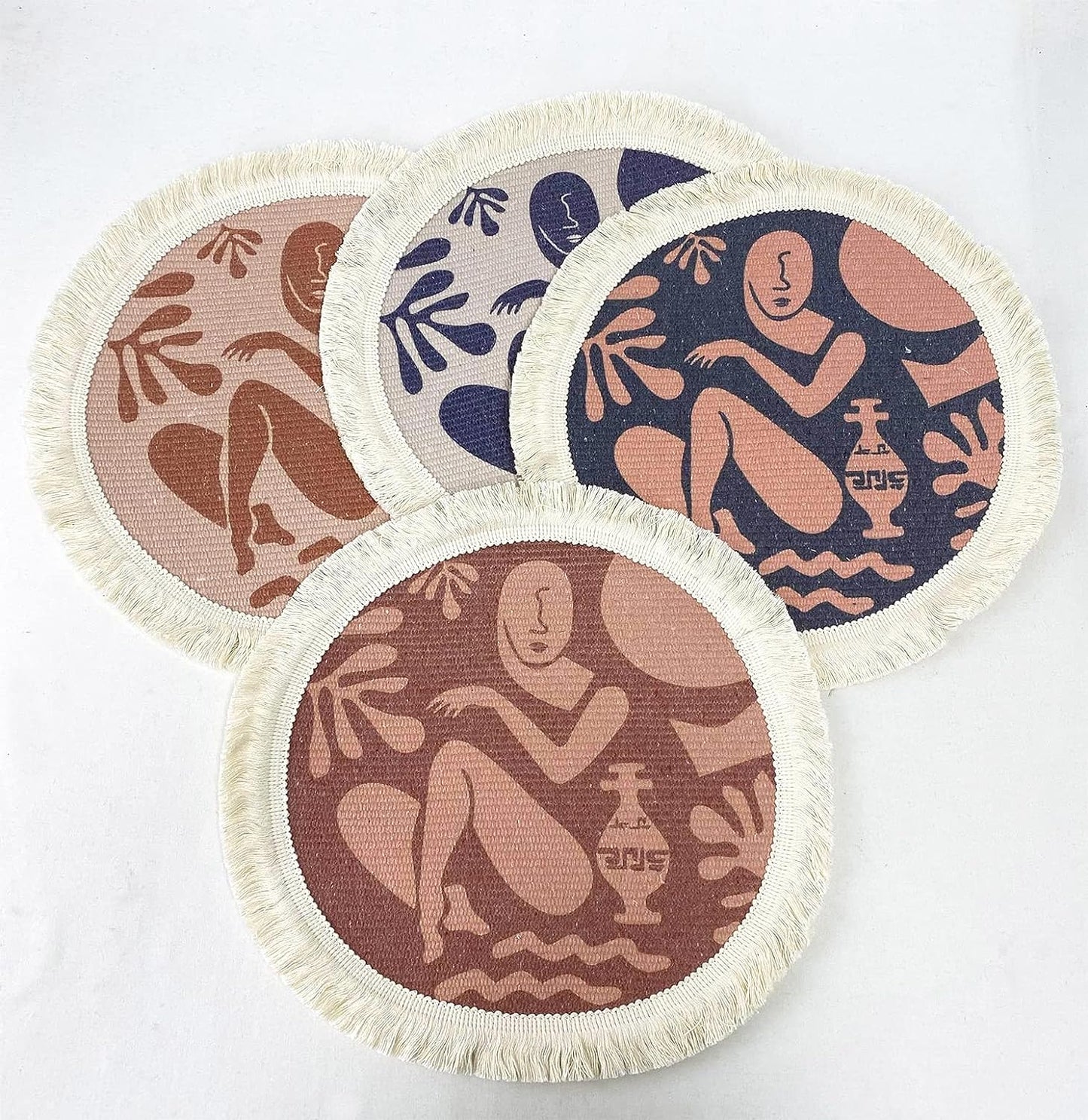 Fennco Styles Art Design Abstract Print Fringe Cotton Placemat 13" Round, Set of 4 - Woven Table Mats for Home Décor, Dining Table, Banquets and Special Events