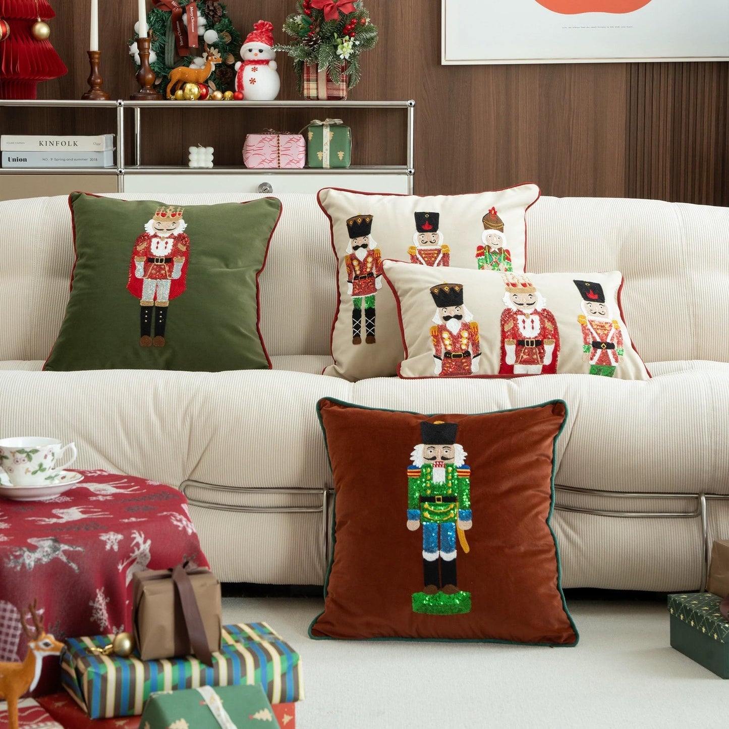 Fennco Styles Embroidered Sequin Nutcracker Velvet Throw Pillow Cover 18" W x 18" L - Green Festive Cushion Case for Home, Christmas, Winter Holidays Décor, and Special Occasions