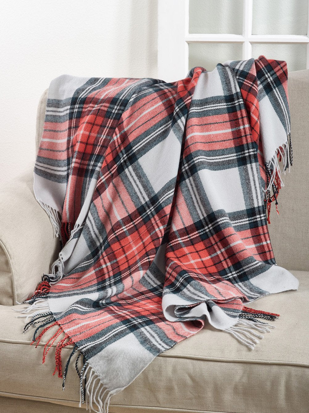 Fennco Styles Classic Plaid Pattern Tassel Trim Throw Blanket, 50" x 60" (Orange/Grey Multi)