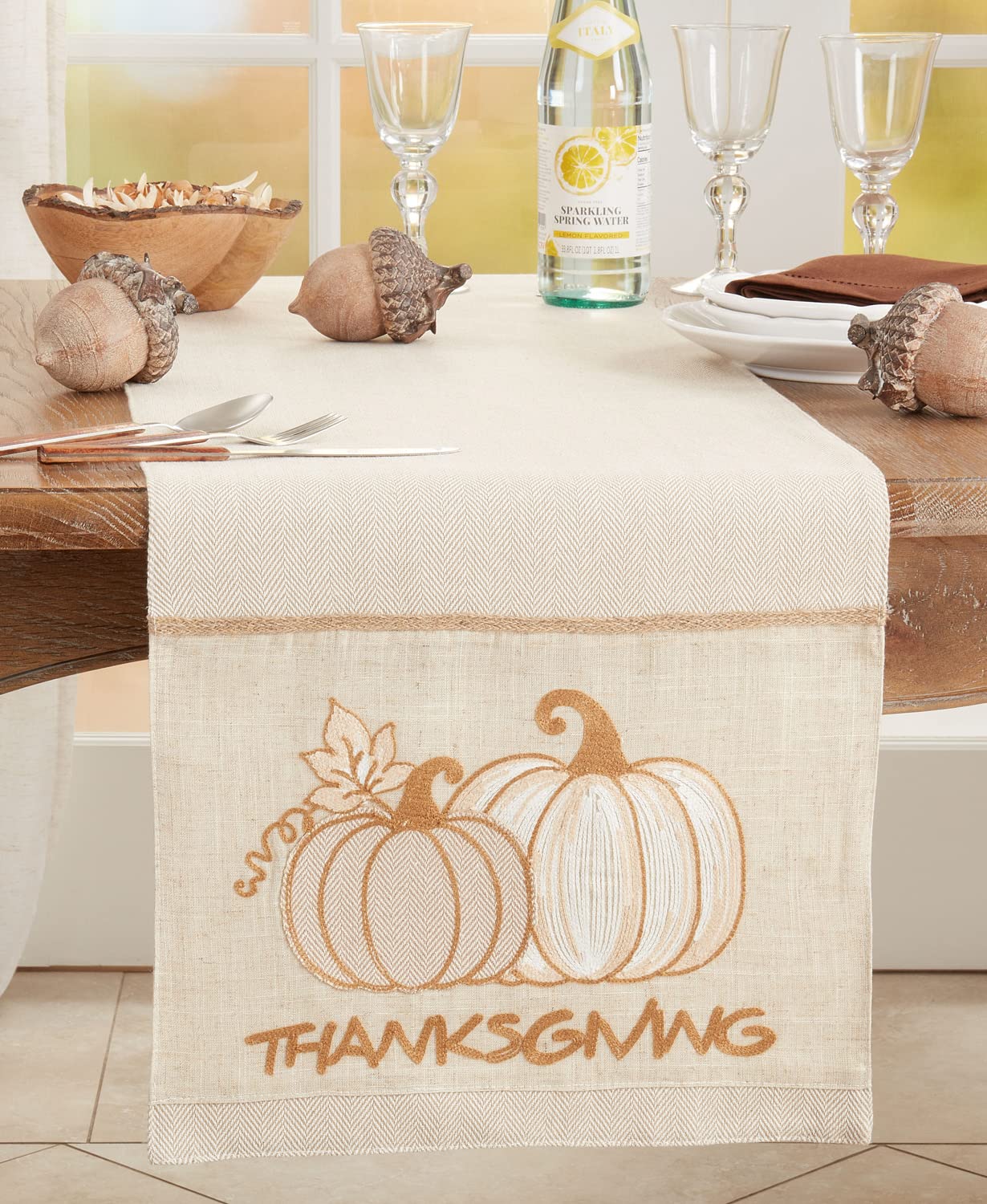 Fennco Styles Thanksgiving Pumpkins Woven Table Runner 16" W x 70" L - Natural Herringbone Table Cover for Banquets, Fall Festivals, Holidays, Special Events, Kitchen and Home Décor
