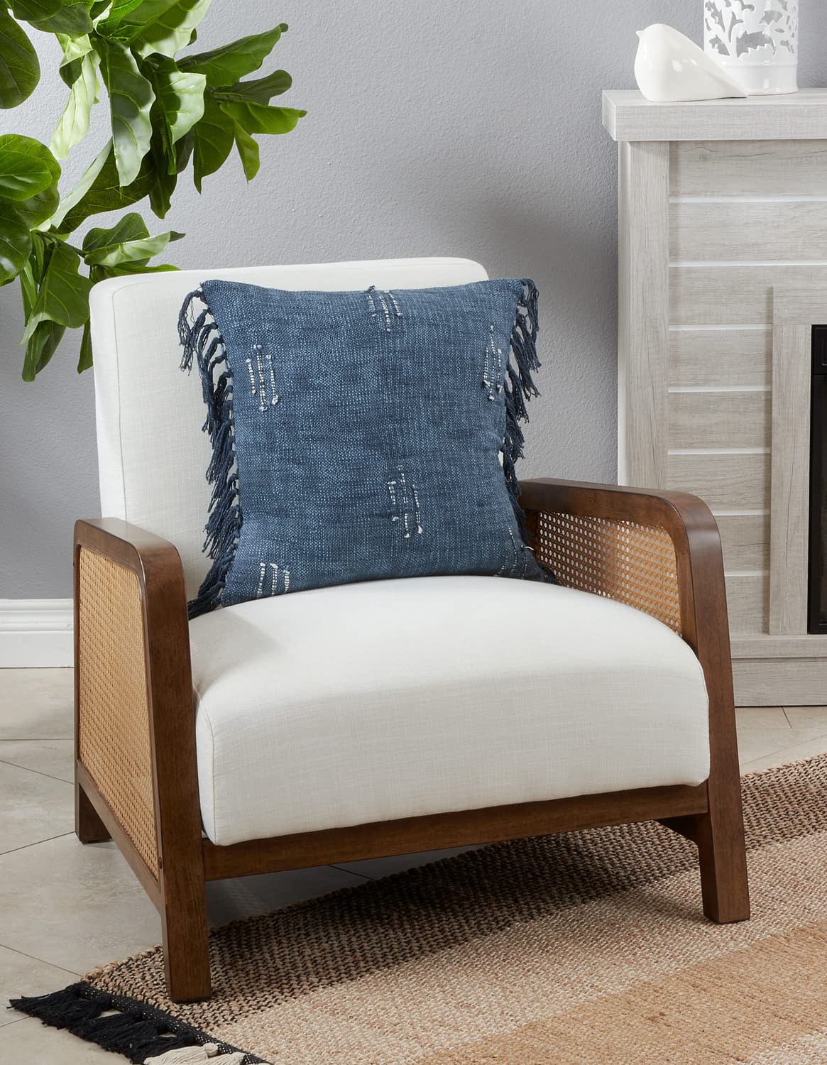 Fennco Styles Stitched Line Tassel Cotton Decorative Throw Pillow 20" W x 20" L - Navy Blue Square Cushion for Home, Couch, Office, Bedroom and Living Room Décor