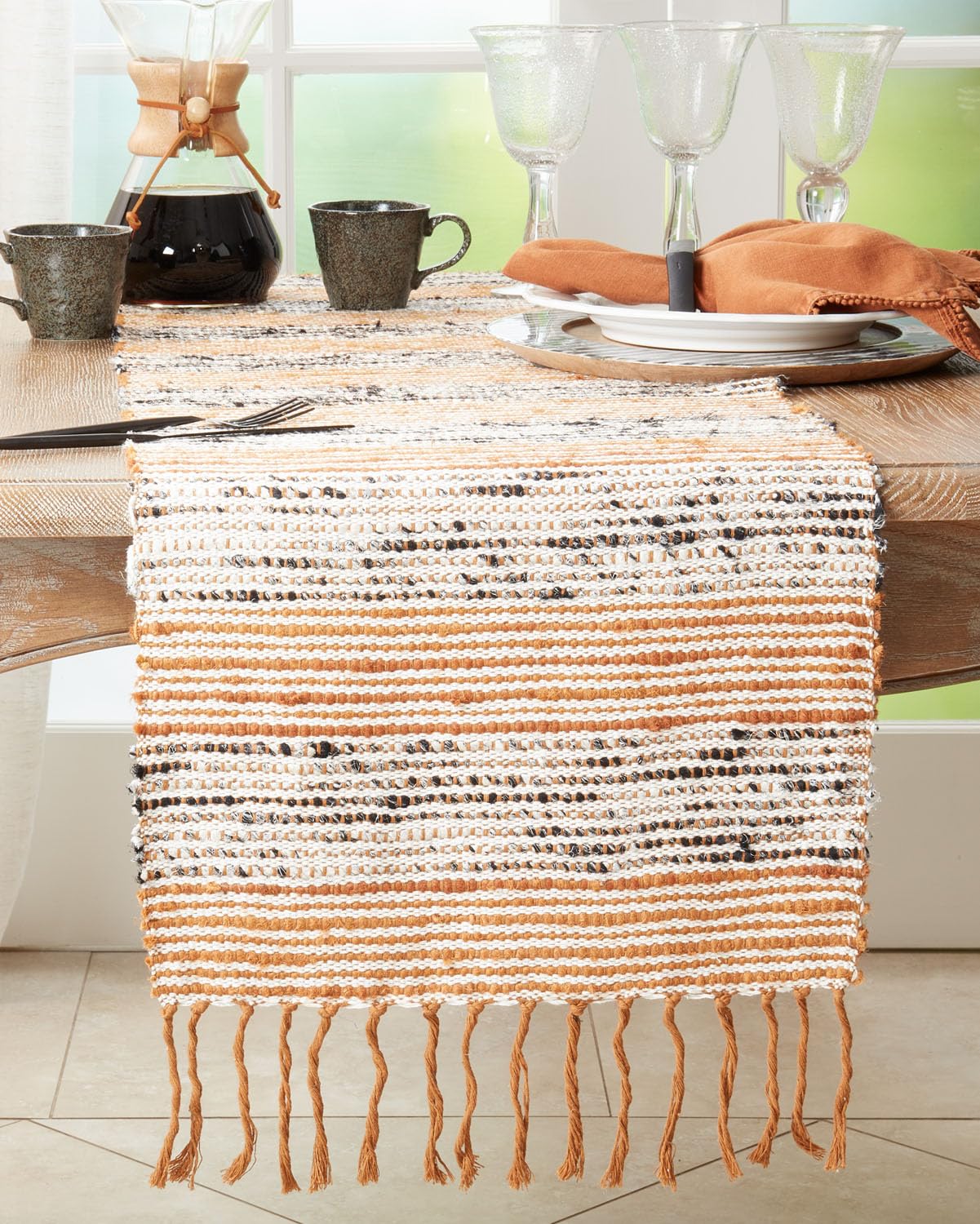 Fennco Styles Rust Striped Design Table Runner with Fringe 16" W x 72" L - Cotton Woven Table Cover for Home Décor, Dining Table, Banquets, Family Gathering and Special Events