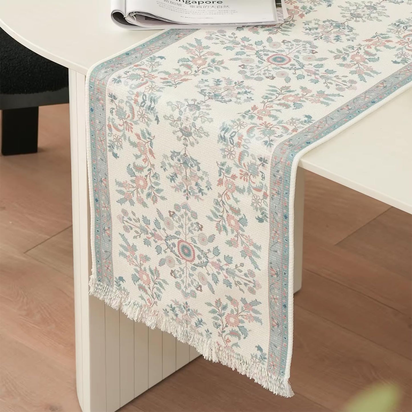 Fennco Styles Coral Floral Print Tassel Cotton Blend Woven Table Runner 14" W x 71" L