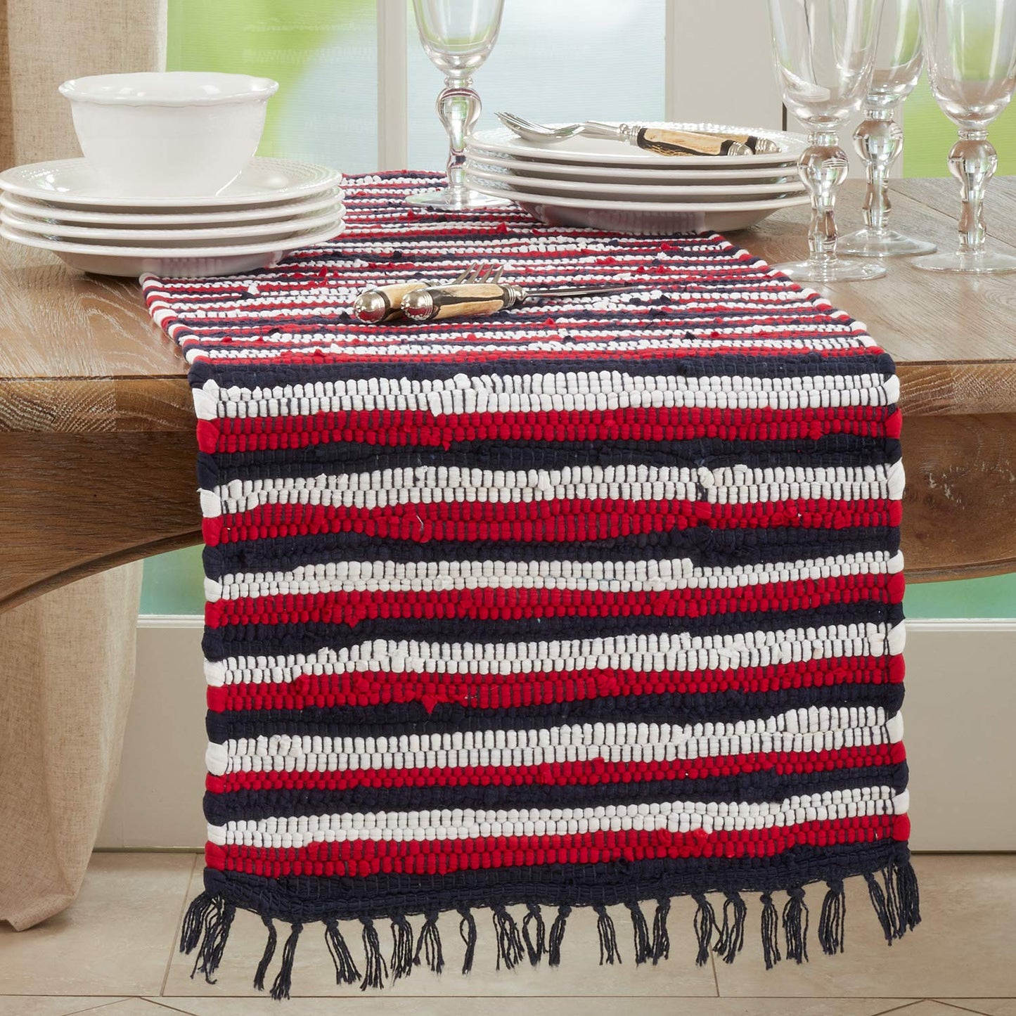 Fennco Styles Striped Patriotic Chindi Tassel Cotton Table Runner 16" W x 72" L - Multicolored Table Cover for Home Décor, Dining Table, National Holiday and Special Events