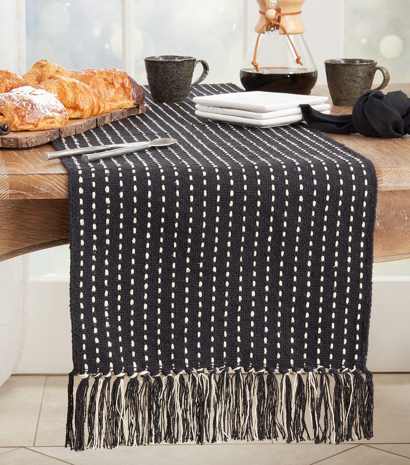 Fennco Styles Stitched Design Tassel Cotton Table Runner 16" W X 72" L - Black Woven Table Cover for Home, Dining Table, Banquets, Thanksgiving, Christmas, Holidays and Special Occasion
