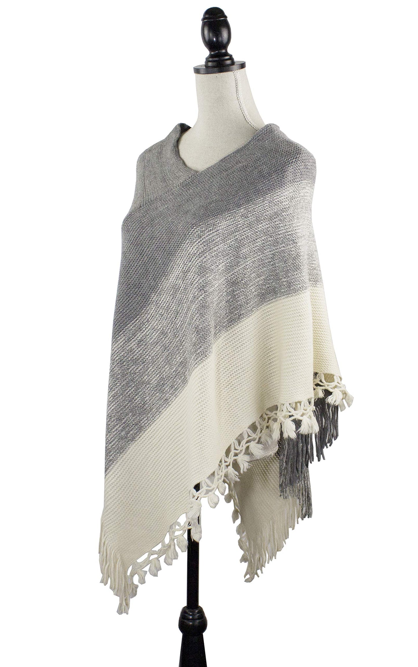 stylesilove Women Color Block Fringe Tassel Poncho Sweater Pullover Cardigan Wrap Topper for Warm Seasons