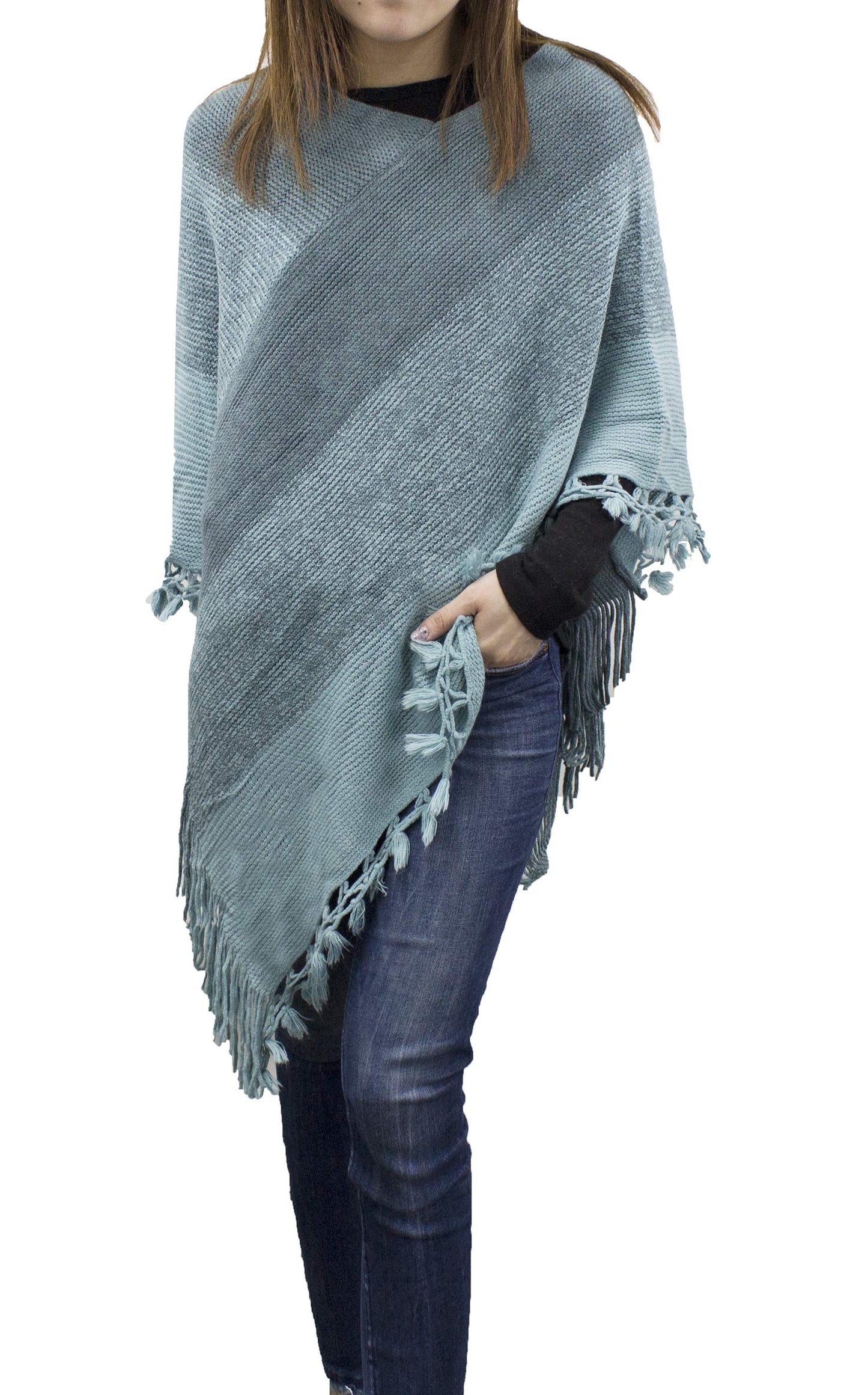 stylesilove Women Color Block Fringe Tassel Poncho Sweater Pullover Cardigan Wrap Topper for Warm Seasons