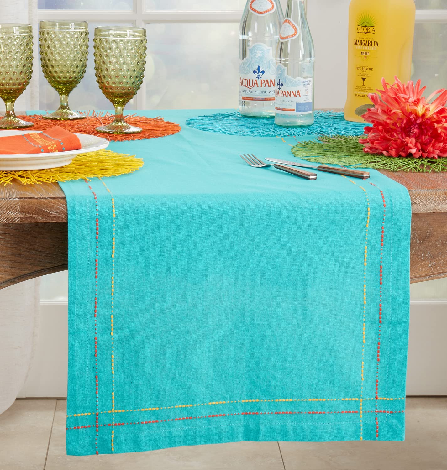 Fennco Styles Dobby Border Woven Cotton Cloth Napkins 18" W x 18" L, Set of 4 - Turquoise Dinner Napkins for Dining Table Décor, Family Gathering, Banquets, and Special Events
