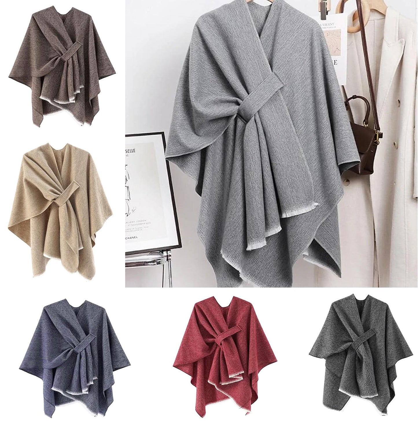 stylesilove Women Elegant Solid Color Fringe Poncho Open Front Shawl Cape Ultra Warm Wrap for Autumn Winter Season