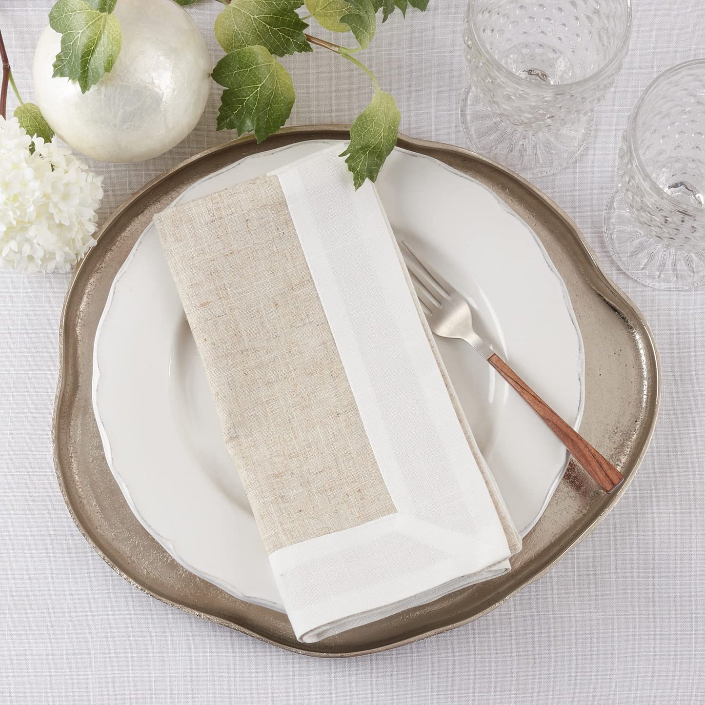 Fennco Styles Natural & White Two-Tone Banded Border Table Runner 16 x 72 Inch - Classic Table Cover for Everyday Use, Banquets, Family Gathering and Special Events