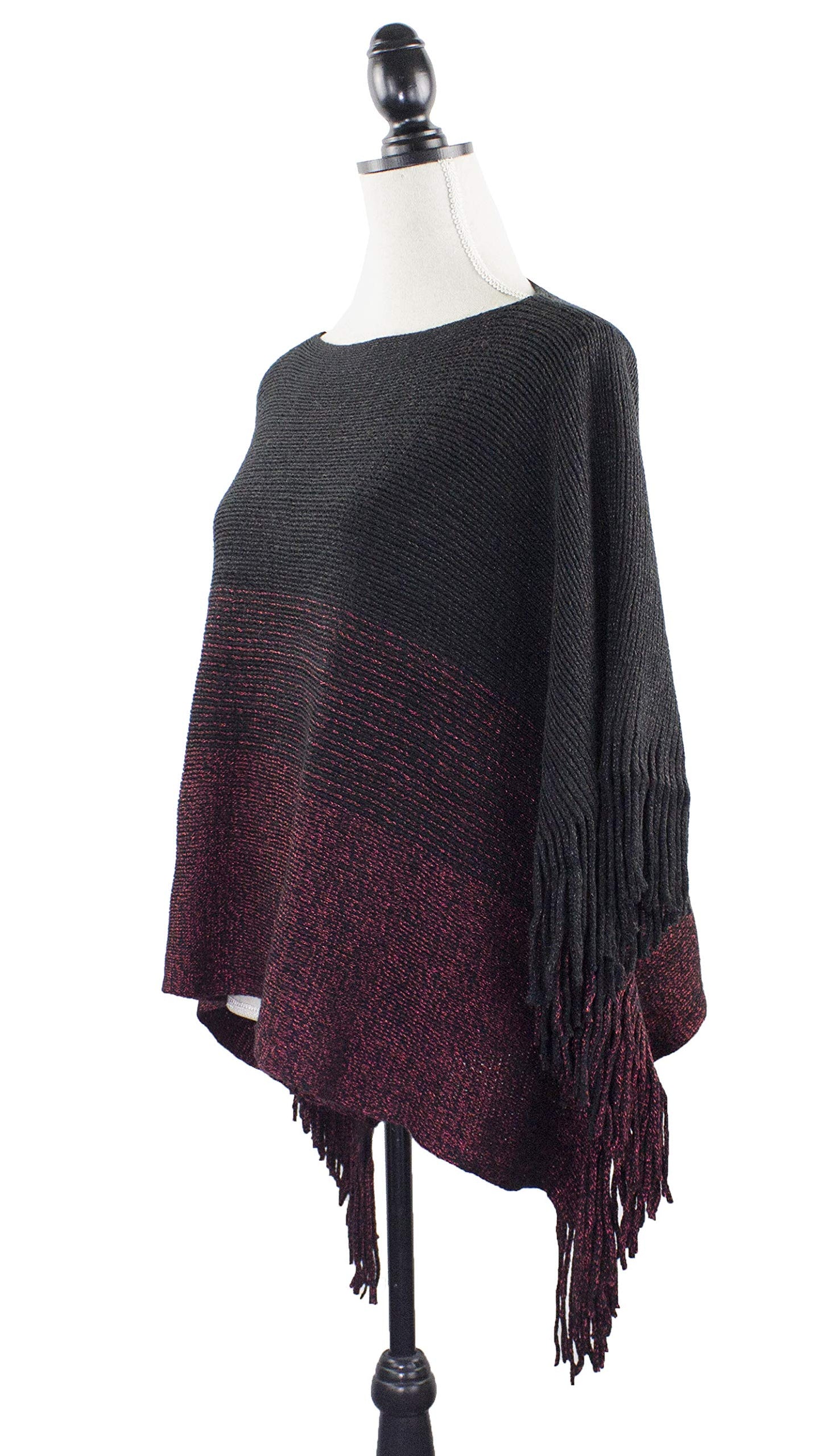 stylesilove Womens Knit Two Tone Batwing Fringe Poncho Cardigan Pullover Cozy Sweater Wrap Jacket