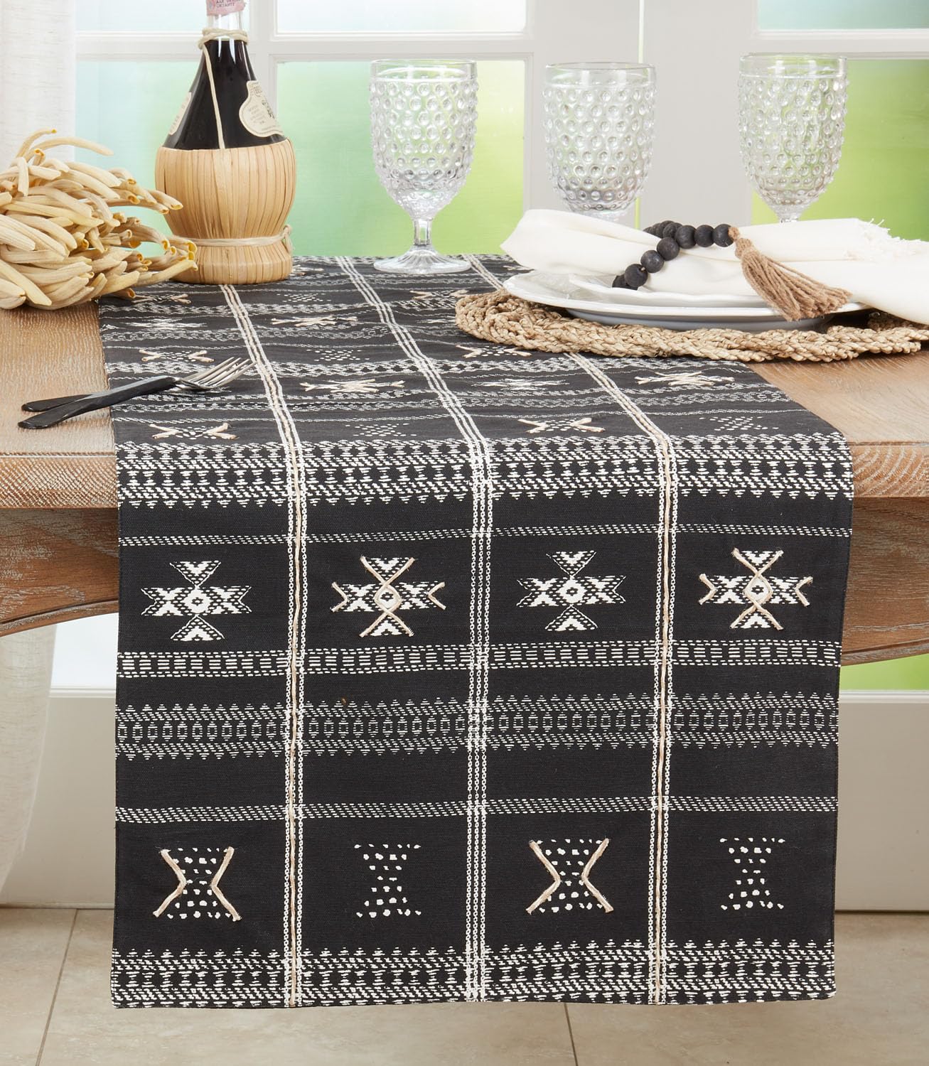 Fennco Styles Embroidered Mudcloth Design Cotton Table Runner 16" W x 72" L - Black Geometric Printed Table Cover for Home Décor, Everyday Use, Banquets and Special Occasions