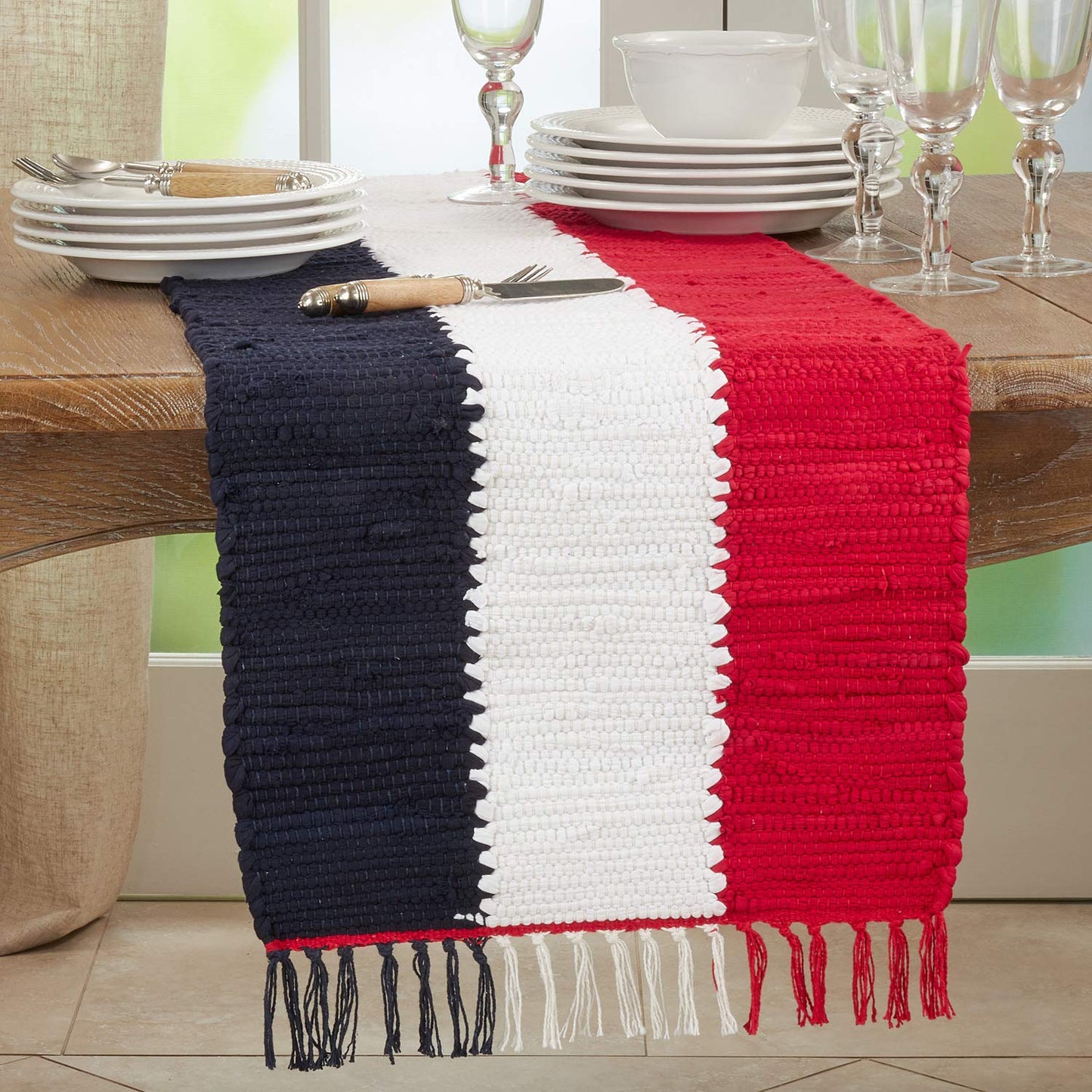 Fennco Styles Patriotic Chindi Cotton Table Runner with Tassel 16" W x 72" L - Multicolored Table Cover for Home Décor, Dining Table, National Holidays and Special Events
