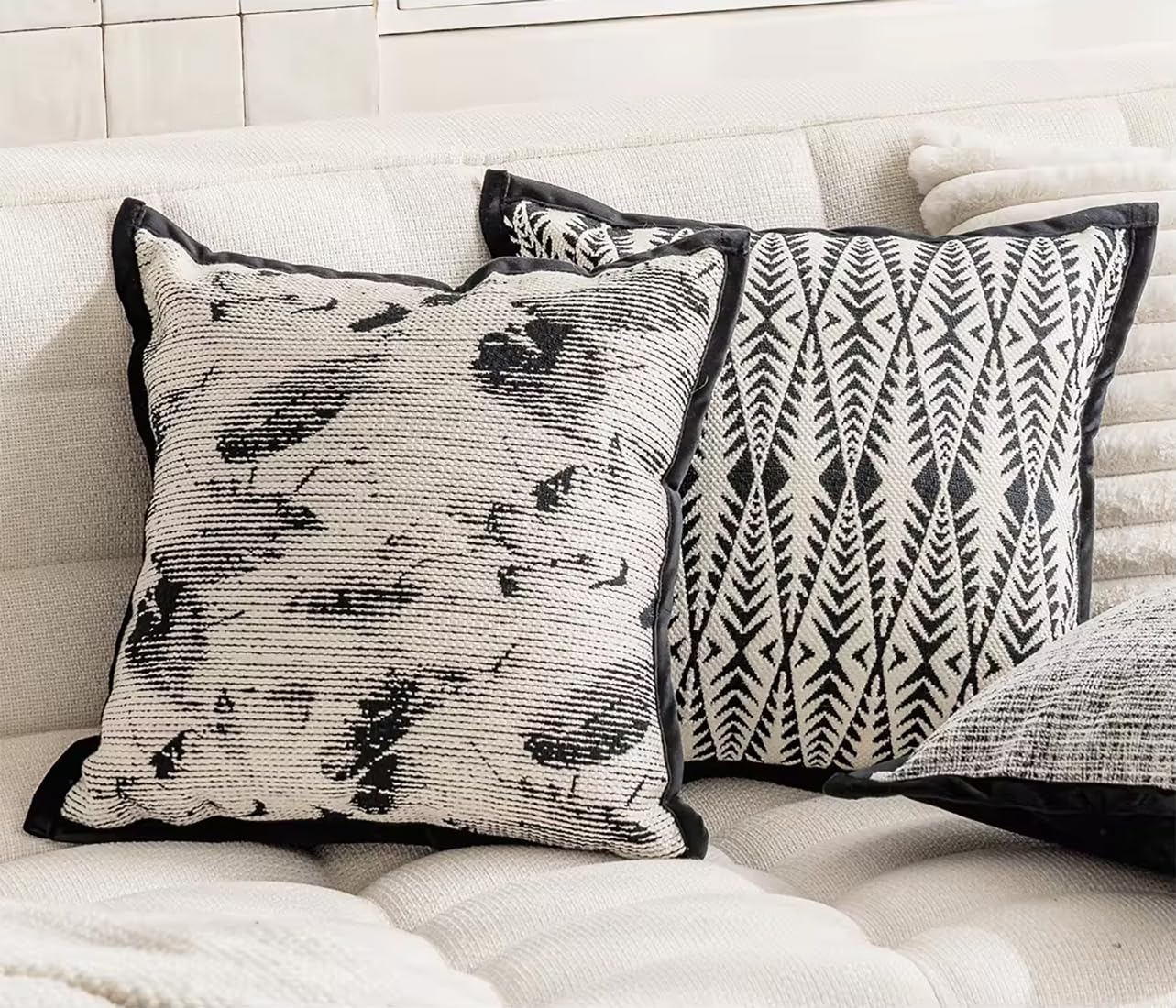 Fennco Styles Art Style Leaf Feather Design Jacquard Throw Pillow Cover 18" W X 18" L – Black Woven Square Cushion Case for Couch, Sofa, Bedroom, Office and Living Room Décor