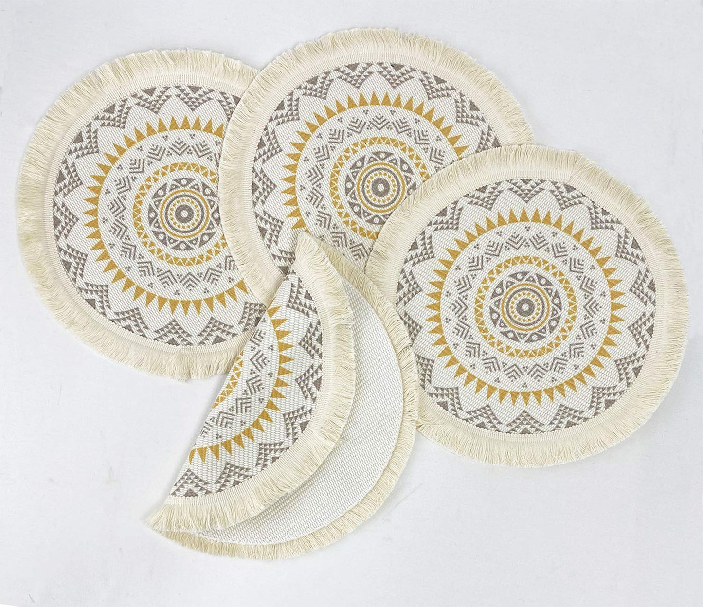 Fennco Styles Boho Mandala Fringe Decorative Cotton Placemats 13-inch Round, Set of 4 - Grey Heat Resistant Insulation Table Mats for Home Decor, Dining Table, Banquets and Special Events