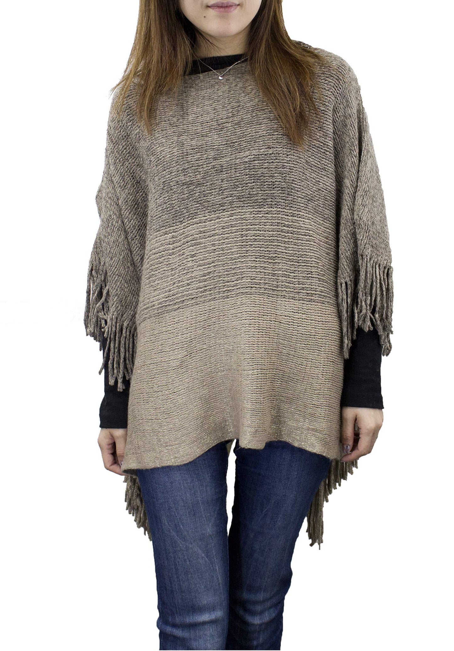 stylesilove Womens Knit Two Tone Batwing Fringe Poncho Cardigan Pullover Cozy Sweater Wrap Jacket