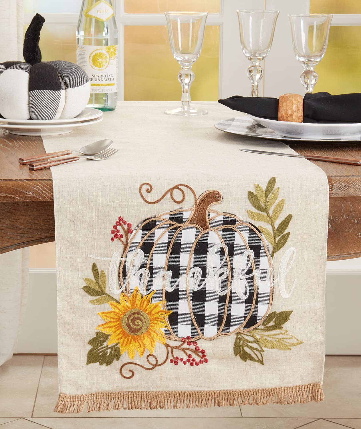 Fennco Styles Thankful Design Plaid Pumpkin Linen Blend Table Runner 16" W X 70" L - Natural Holiday Table Cover for Home Décor, Thanksgiving, Banquets, Family Gatherings and Special Occasions