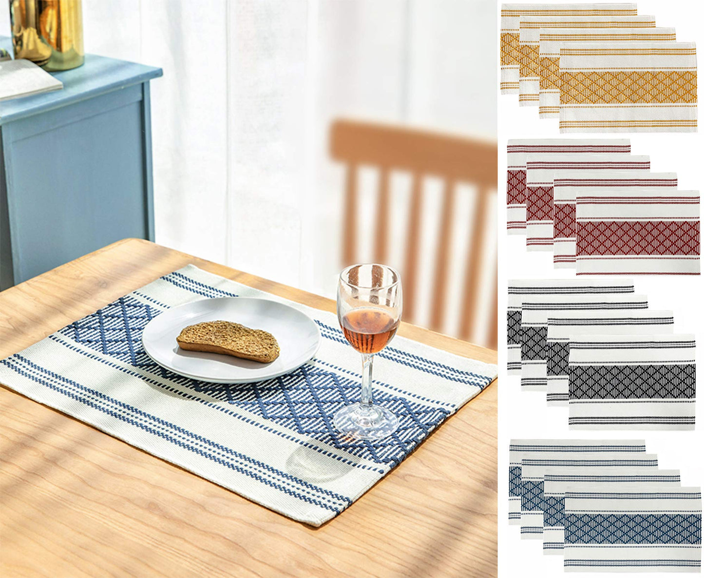 Fennco Styles Diamond Stitch Design Cotton Blend Placemats 14" W x 19" L, Set of 4 - Black Geometric Woven Table Mats for Boho Décor, Home, Dining Table, Banquets, Family Gatherings, Special Occasion