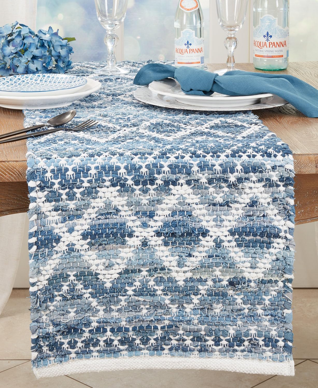 Fennco Styles Modern Diamond Chindi Cotton Table Runner 16" W x 72" L - Blue Geometric Rectangular Table Cover for Boho Décor, Dining Table, Banquets, Family Gathering and Special Events