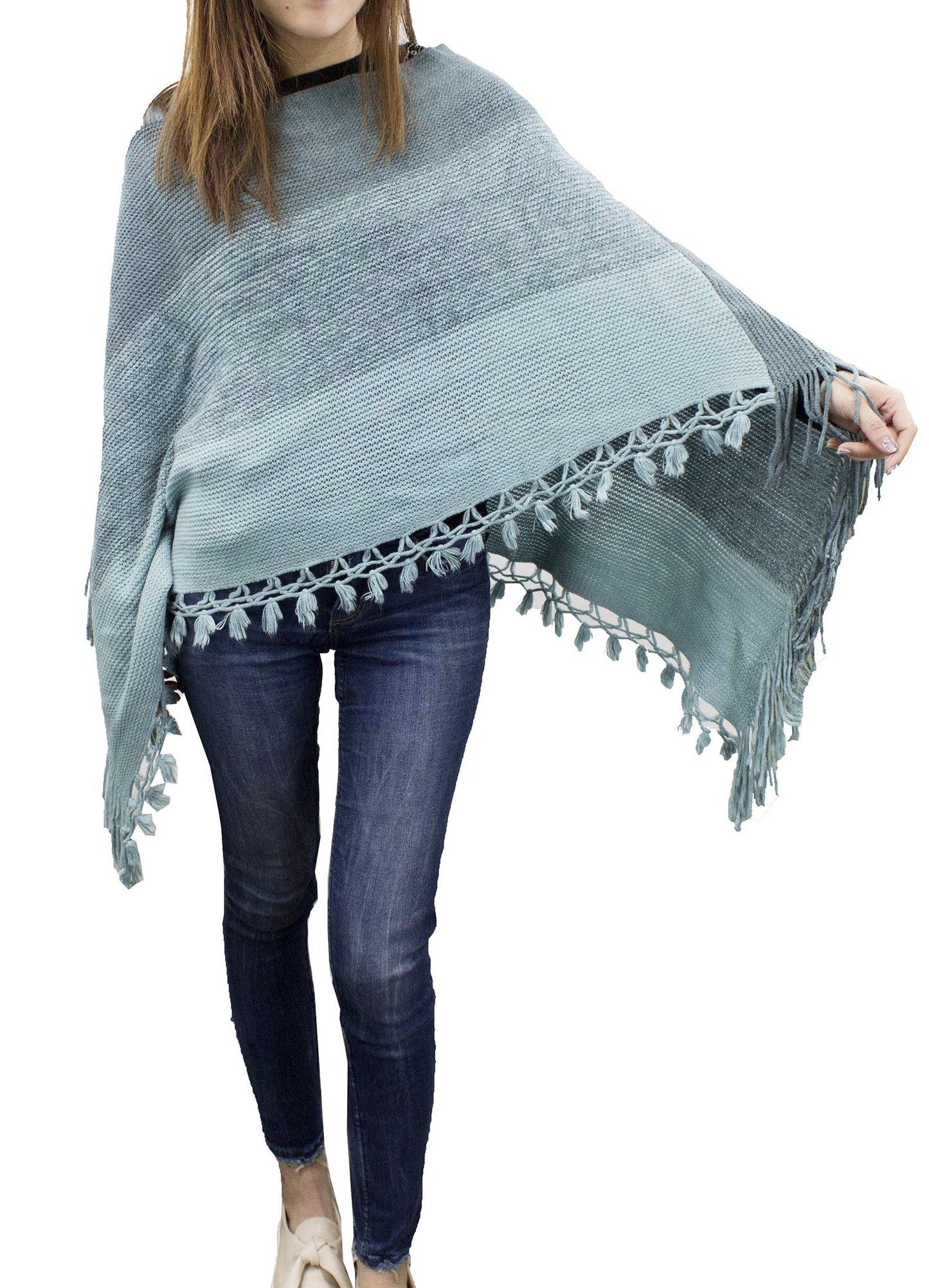 stylesilove Women Color Block Fringe Tassel Poncho Sweater Pullover Cardigan Wrap Topper for Warm Seasons