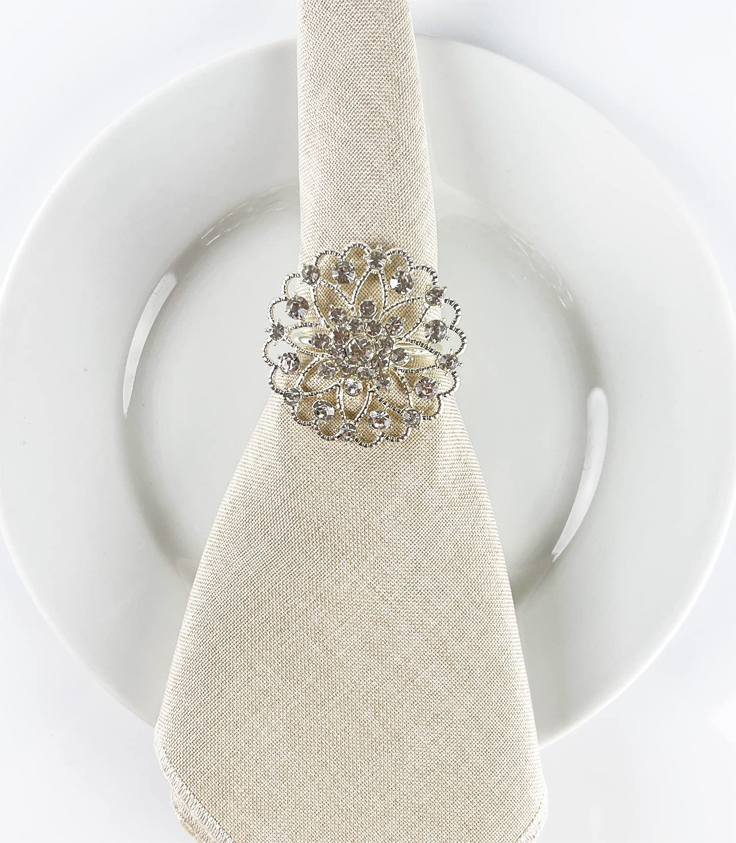 Fennco Styles Rhinestone Crystal Flower Napkin Rings Wedding Holiday Table Decoration - Set of 4